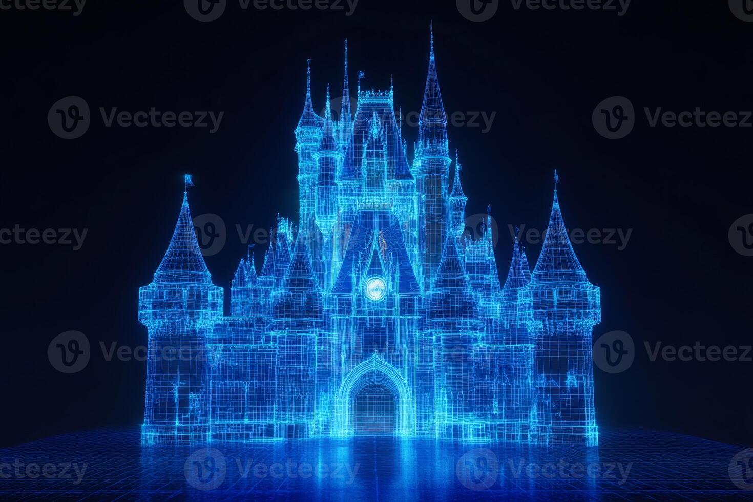 A breathtaking blue holographic castle brilliantly shines against a dark black background, showcasing intricate designs that evoke a mystical atmosphere filled with wonder and awe photo