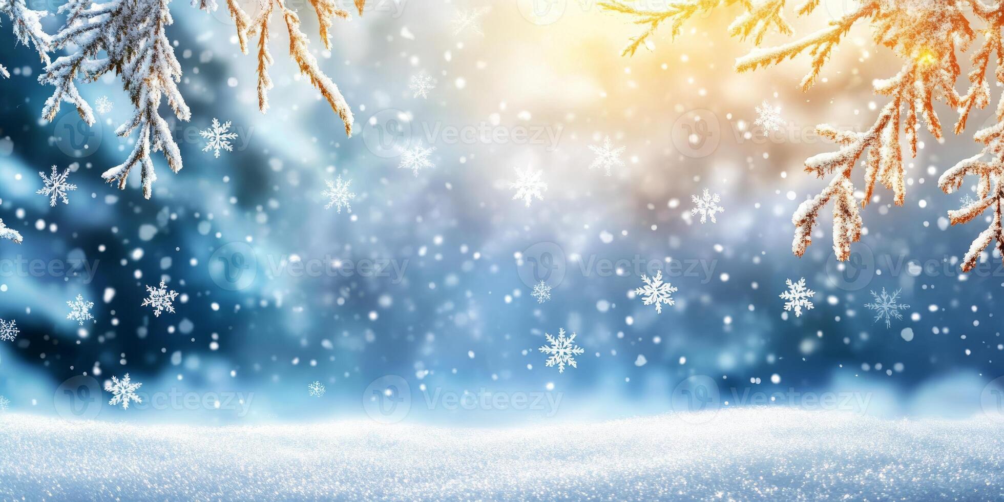 A serene winter scene features softly falling snowflakes, a glistening snowcovered ground, and a warm glow, creating a perfect setting for joyful holiday celebrations full of charm and beauty photo