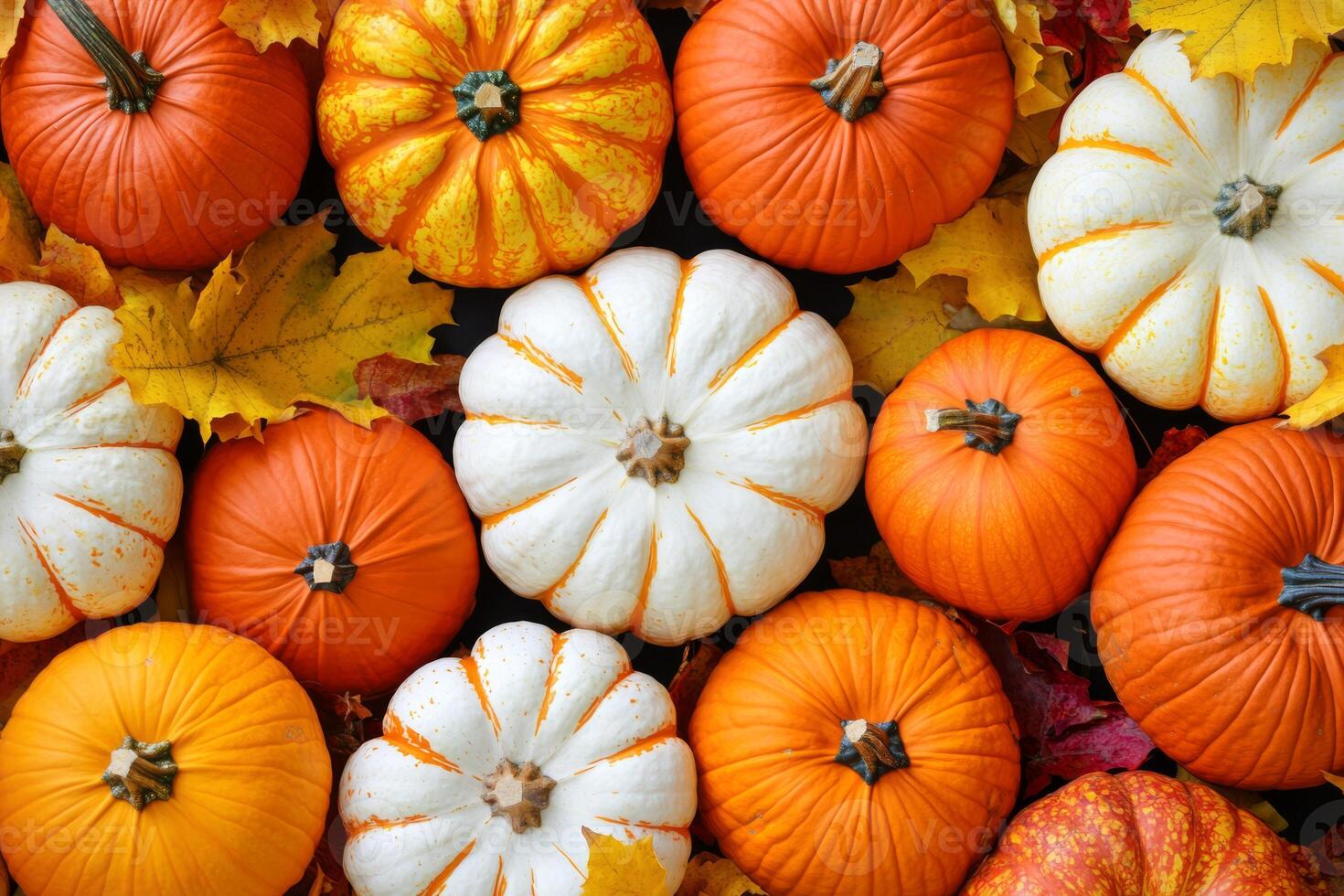 A vibrant display of orange and white pumpkins, surrounded by bright autumn leaves, creates a warm and festive atmosphere for any celebration, from grand events to small gatherings photo