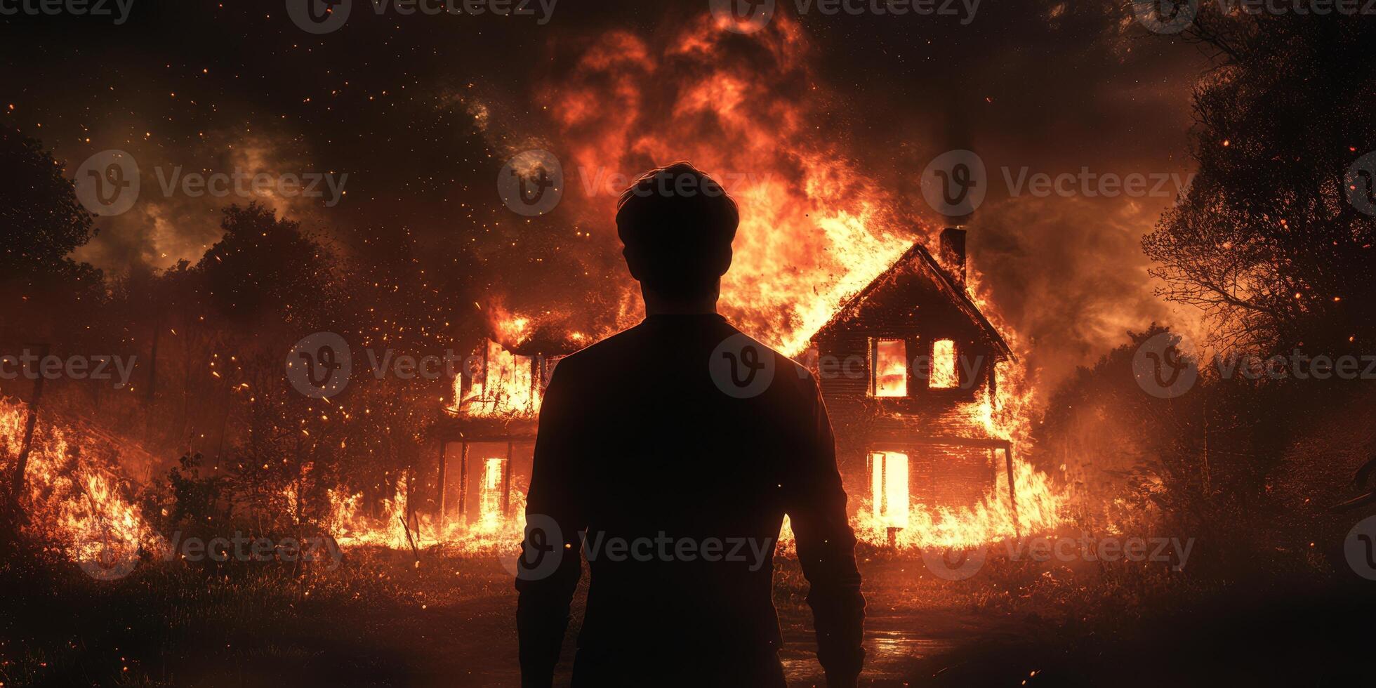 On a dark night, a man stands before an abandoned house engulfed in flames and smoke, symbolizing the devastating loss of home and shattered safety amidst chaos and despair, with a heavy heart photo