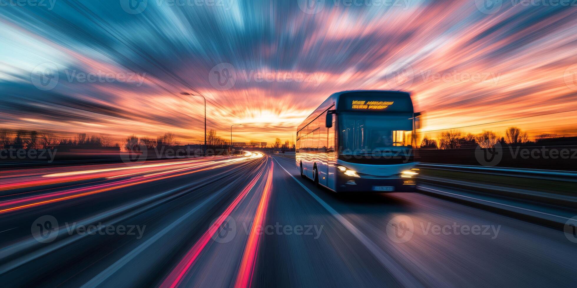 A striking motionblurred image effectively captures a speeding bus racing down a busy expressway at dusk, showcasing the vibrant hues of sunset colors in a dynamic urban transportation scene photo