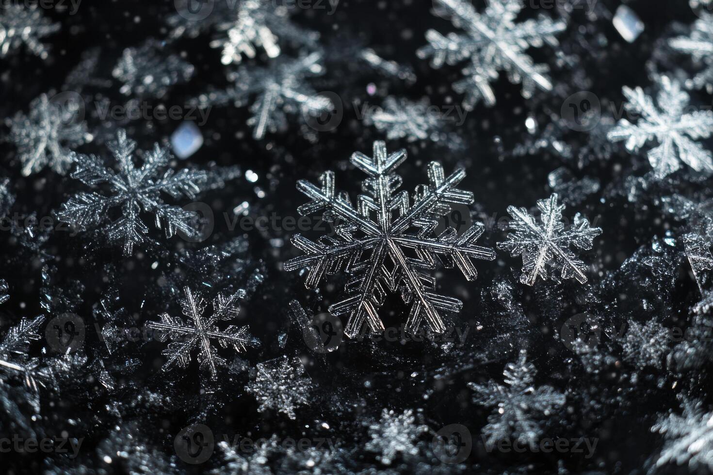 A stunning and detailed closeup of intricate snowflakes beautifully captured against a dark backdrop, perfectly showcasing the amazing beauty and uniqueness of winters delicate, artistic creation photo