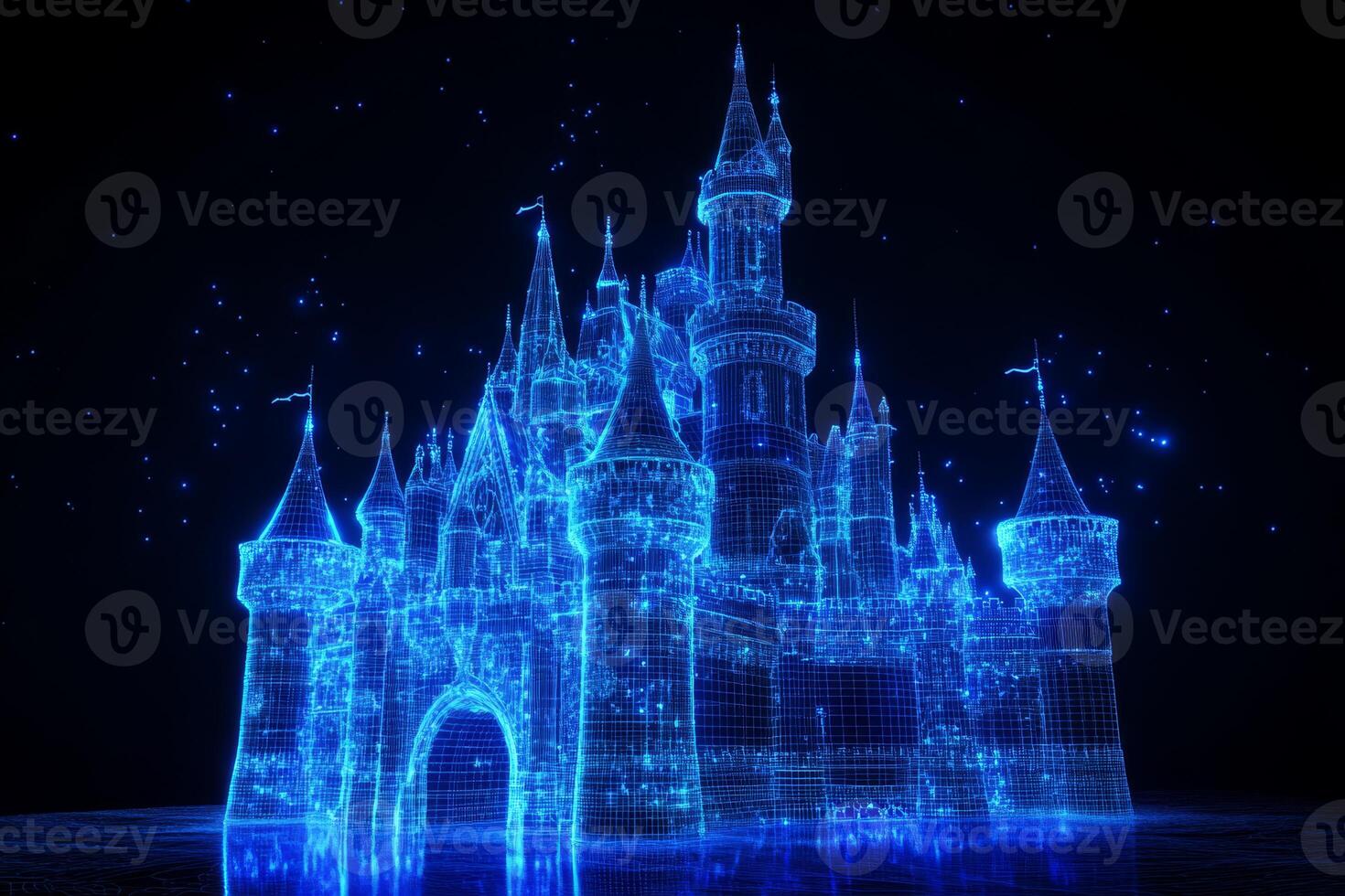 A stunning blue hologram of an intricate castle on a black background, showcasing innovative design and architectural brilliance in a mystical atmosphere, inviting imagination to explore photo