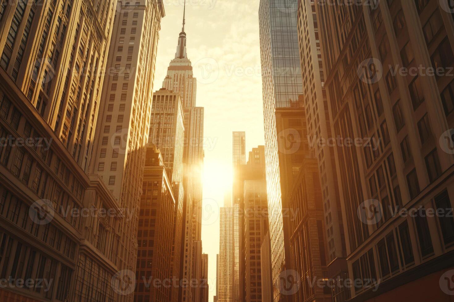 The golden sunlight pierces through the towering skyscrapers in a vibrant cityscape, capturing the true essence of lively urban life, making the downtown area glow with beauty and elegance photo