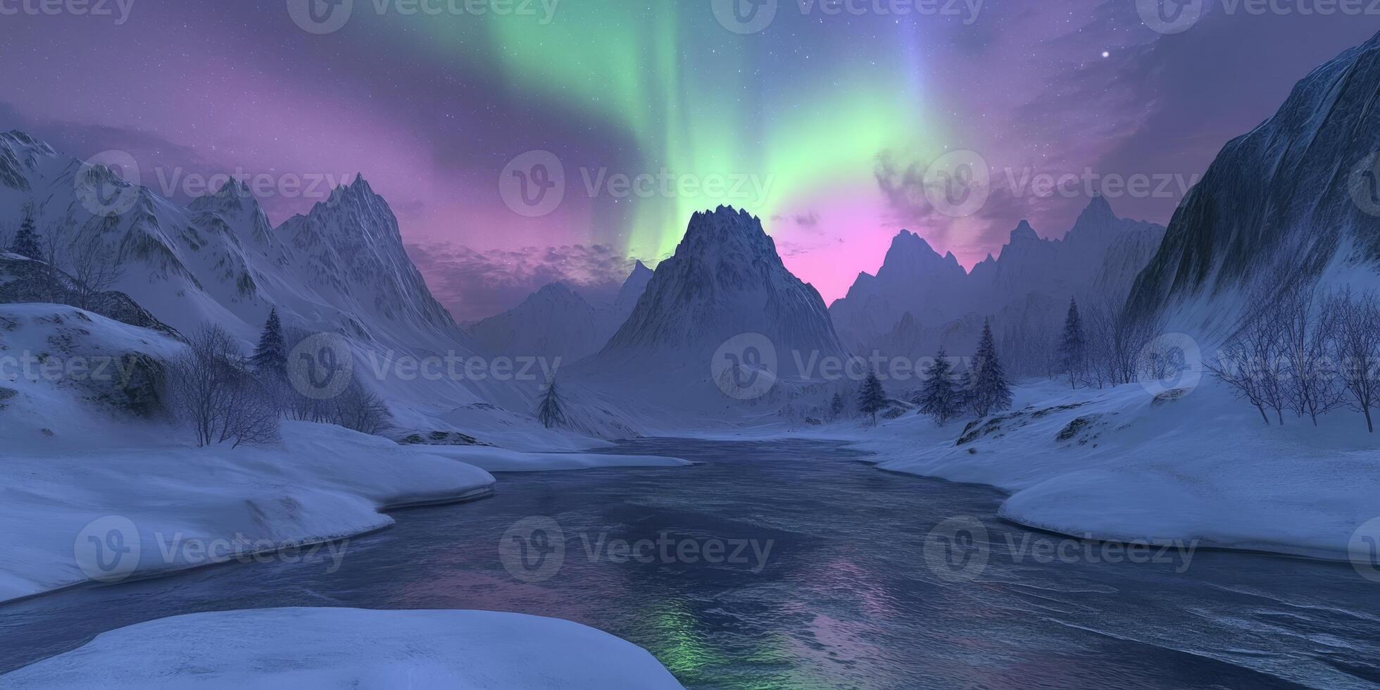 A breathtaking and aweinspiring view of the Northern Lights beautifully illuminating a tranquil winter landscape, with a frozen river reflecting vibrant colors beneath a starry night sky photo