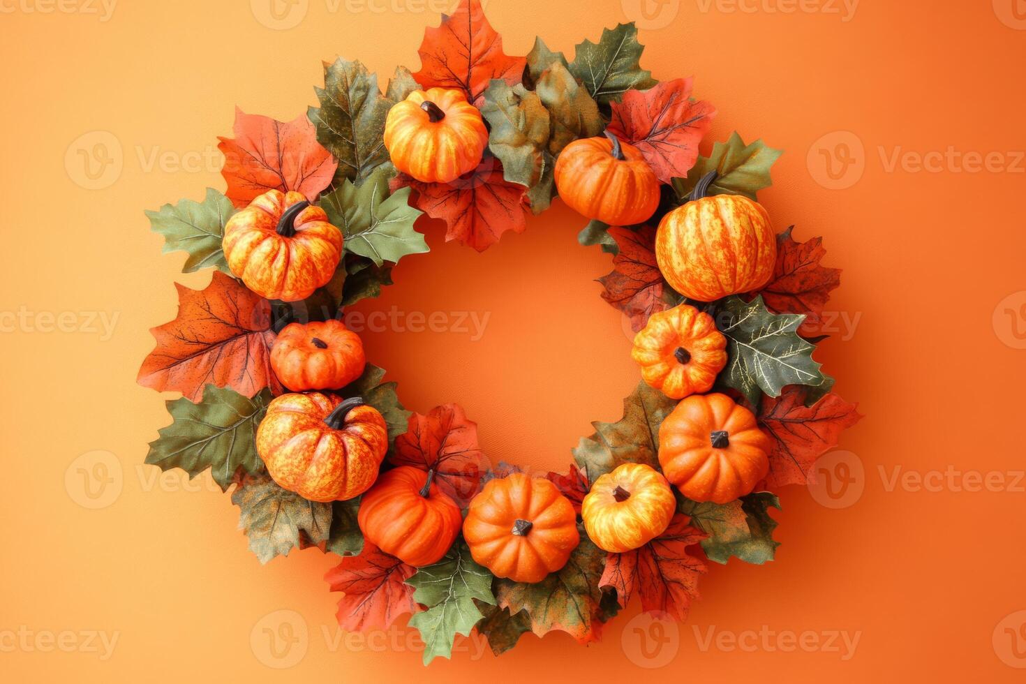 This cheerful autumn wreath showcases vibrant pumpkins and colorful leaves, perfect for Halloween and Thanksgiving, adding warmth and joy to your holiday gatherings and celebrations photo