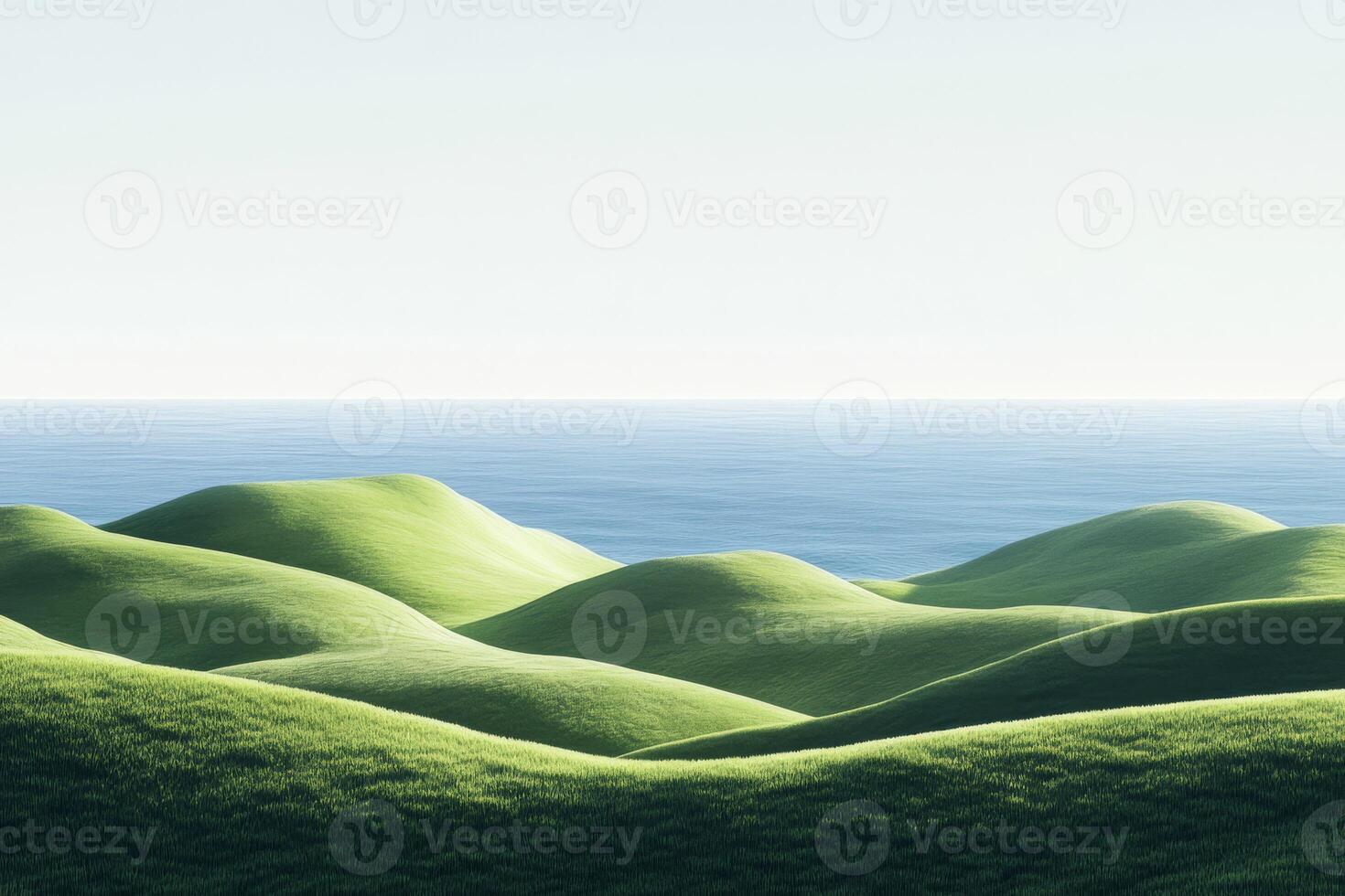 Imagine a stunning landscape where lush hills meet a sparkling ocean, all under warm golden sunlight. This serene scene is a perfect retreat for nature enthusiasts seeking beauty and escape photo