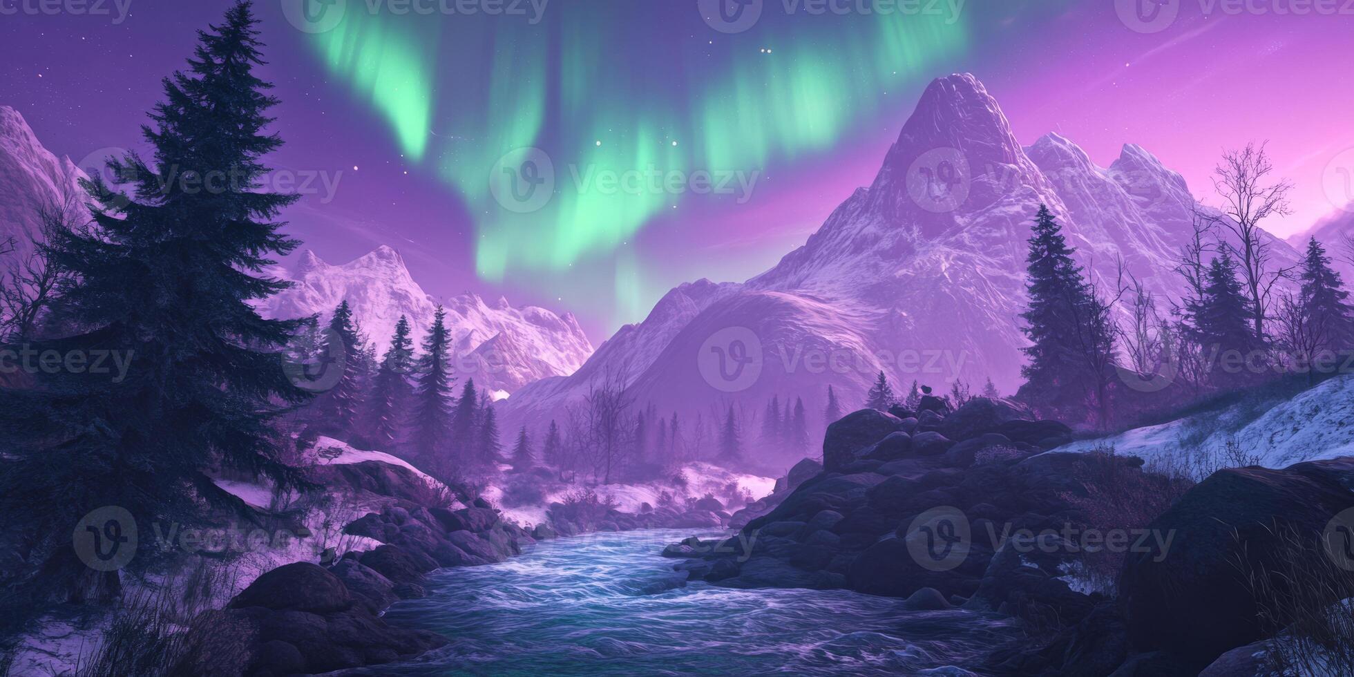 A stunning night scene showcases natures mesmerizing beauty, with vibrant auroras over calm waters, framed by mountains and trees, all under a captivating starfilled sky that invites exploration photo