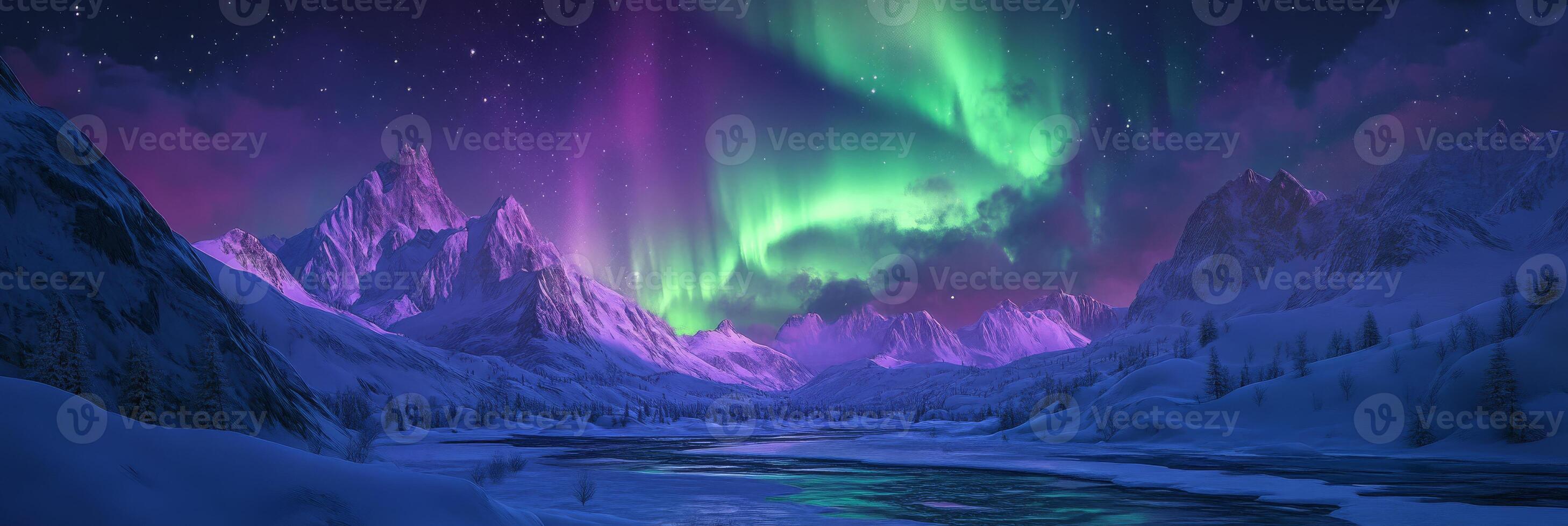 The aurora borealis lights up the night sky with vibrant colors, reflecting on the tranquil snowy waters below, creating a breathtaking panorama that captivates all who witness this natural wonder photo