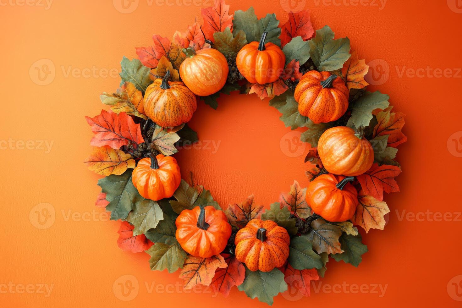 This vibrant autumn wreath, crafted with pumpkins and colorful leaves, is perfect for Halloween and Thanksgiving, bringing warmth and joy to your home during seasonal celebrations photo