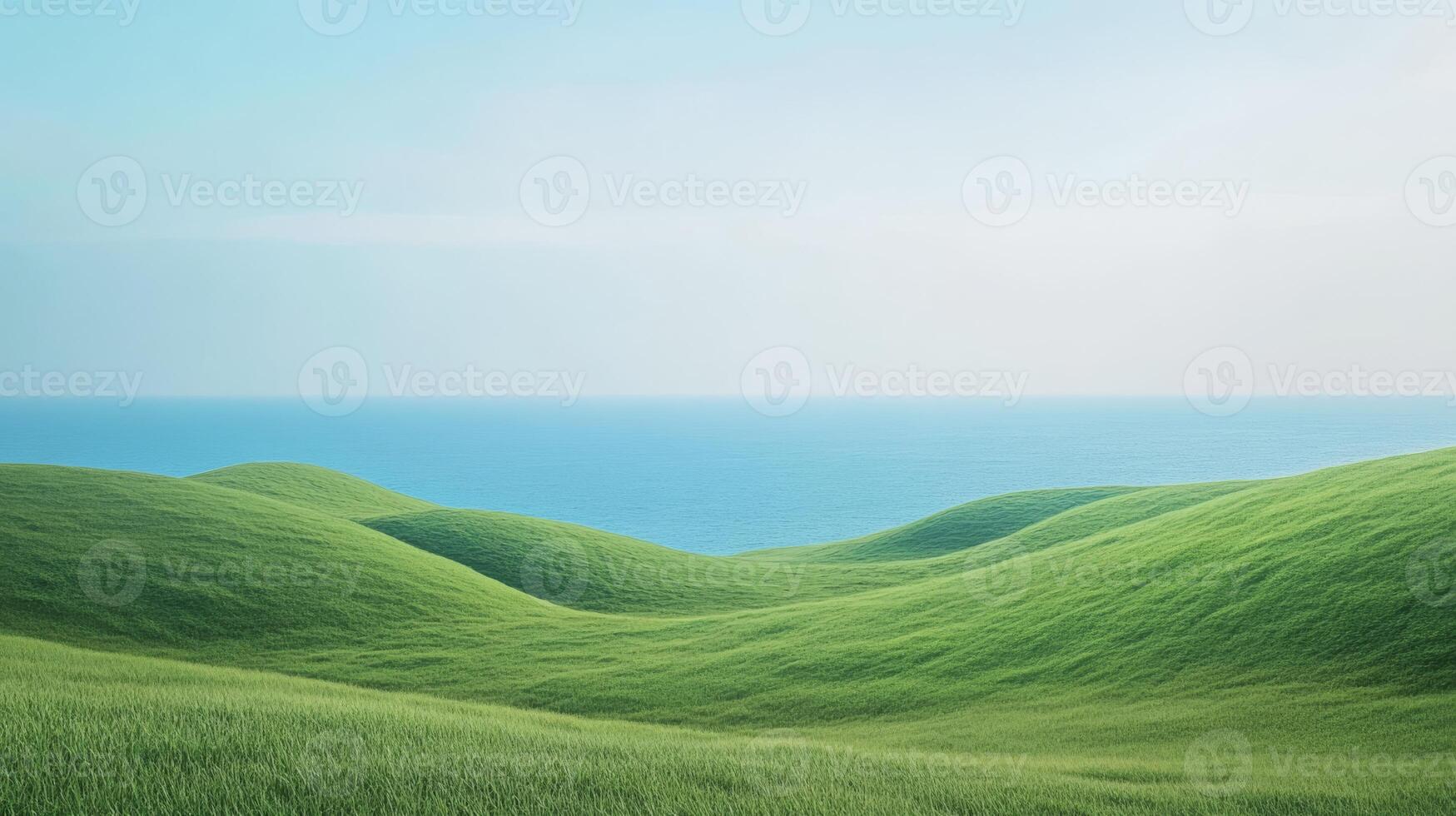 A serene landscape showcasing rolling green hills meeting the calm ocean under a clear blue sky, perfect for evoking peace and natures beauty photo