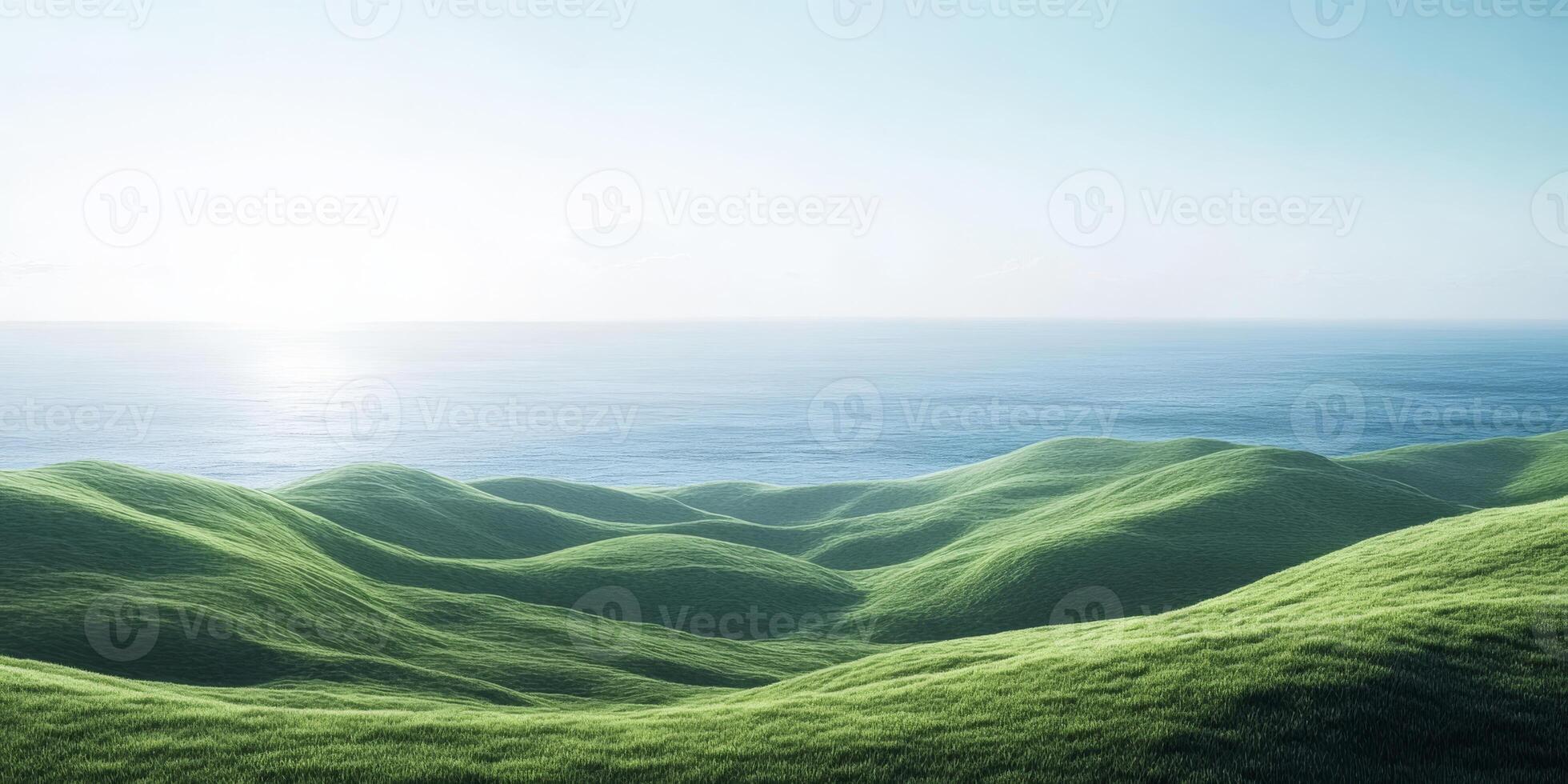 A captivating and serene view of rolling green hills gracefully meeting a calm ocean under a perfectly bright sky, beautifully embodying tranquility, peace, and the exquisite beauty of nature photo