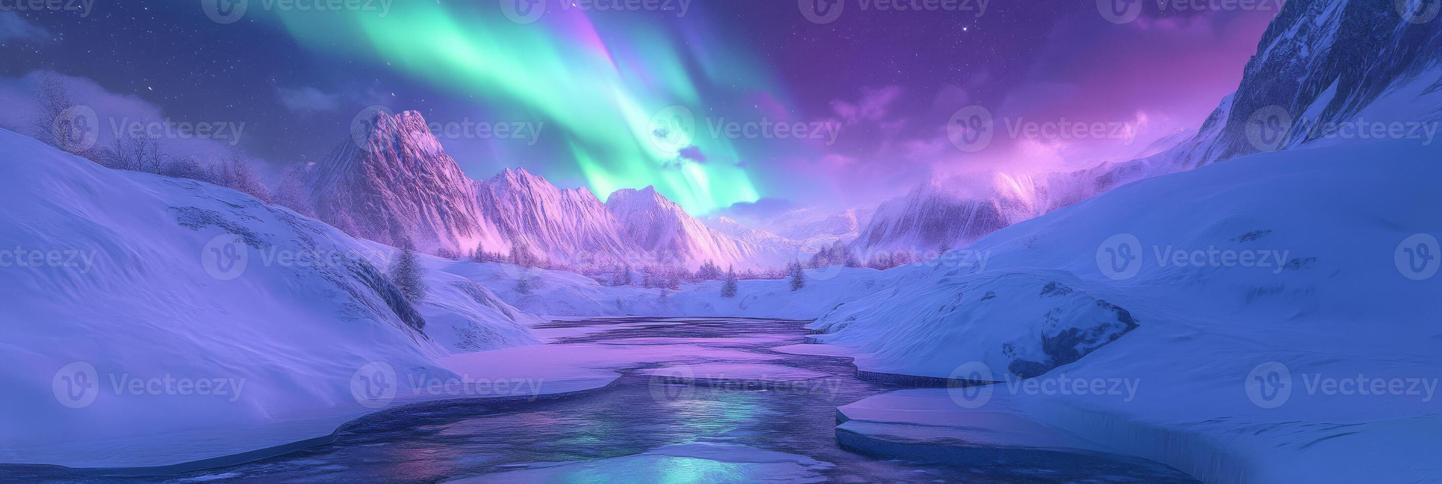 Experience the mesmerizing aurora borealis dancing over a quiet snowy landscape at night, reflecting on calm waters beneath a starlit skyan enchanting sight in the great outdoors photo