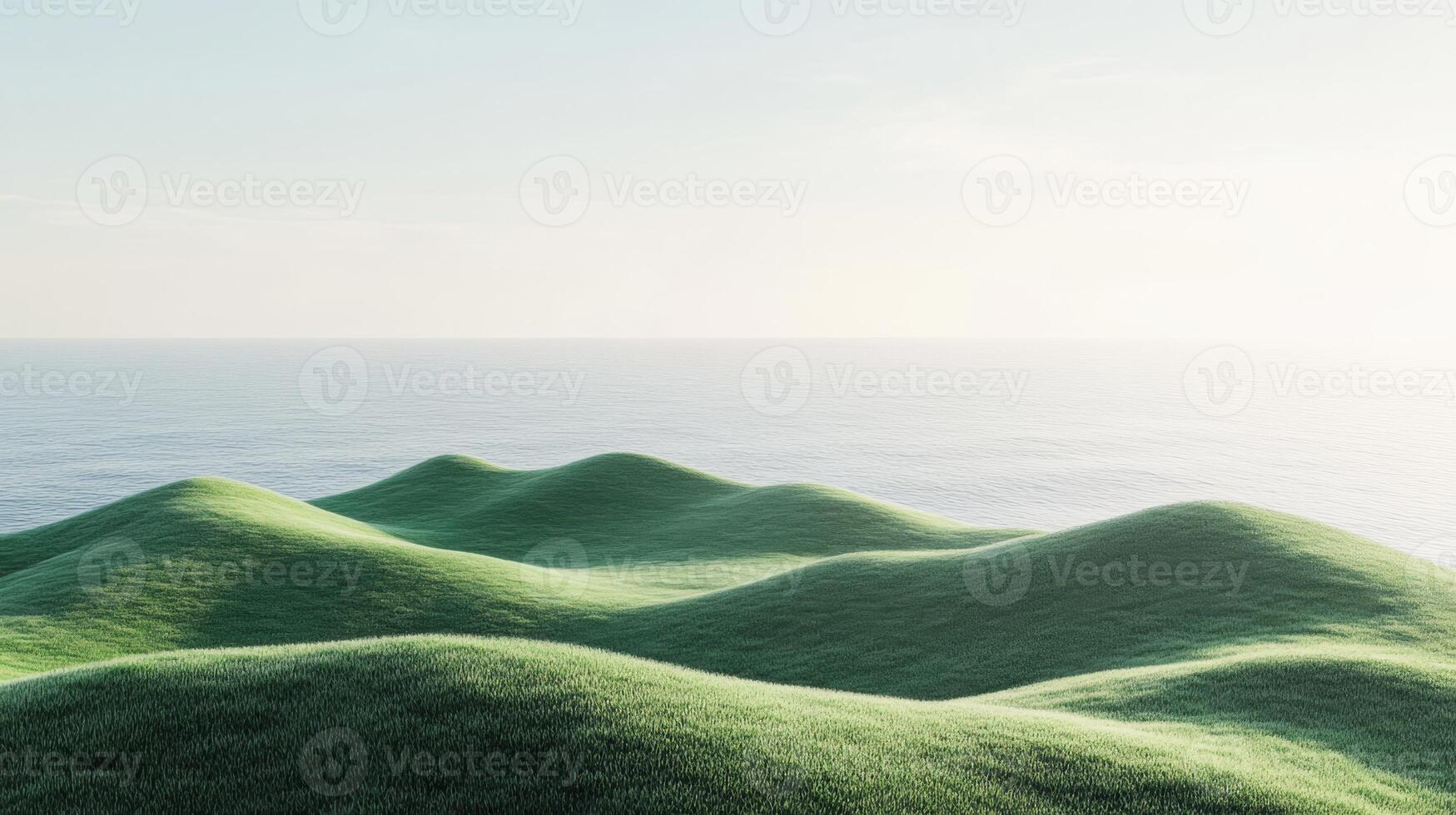 A breathtakingly serene panoramic view showcases rolling green hills gracefully meeting the calm ocean beneath a soft, pastel sky, perfectly embodying the essence of tranquility and natural beauty photo