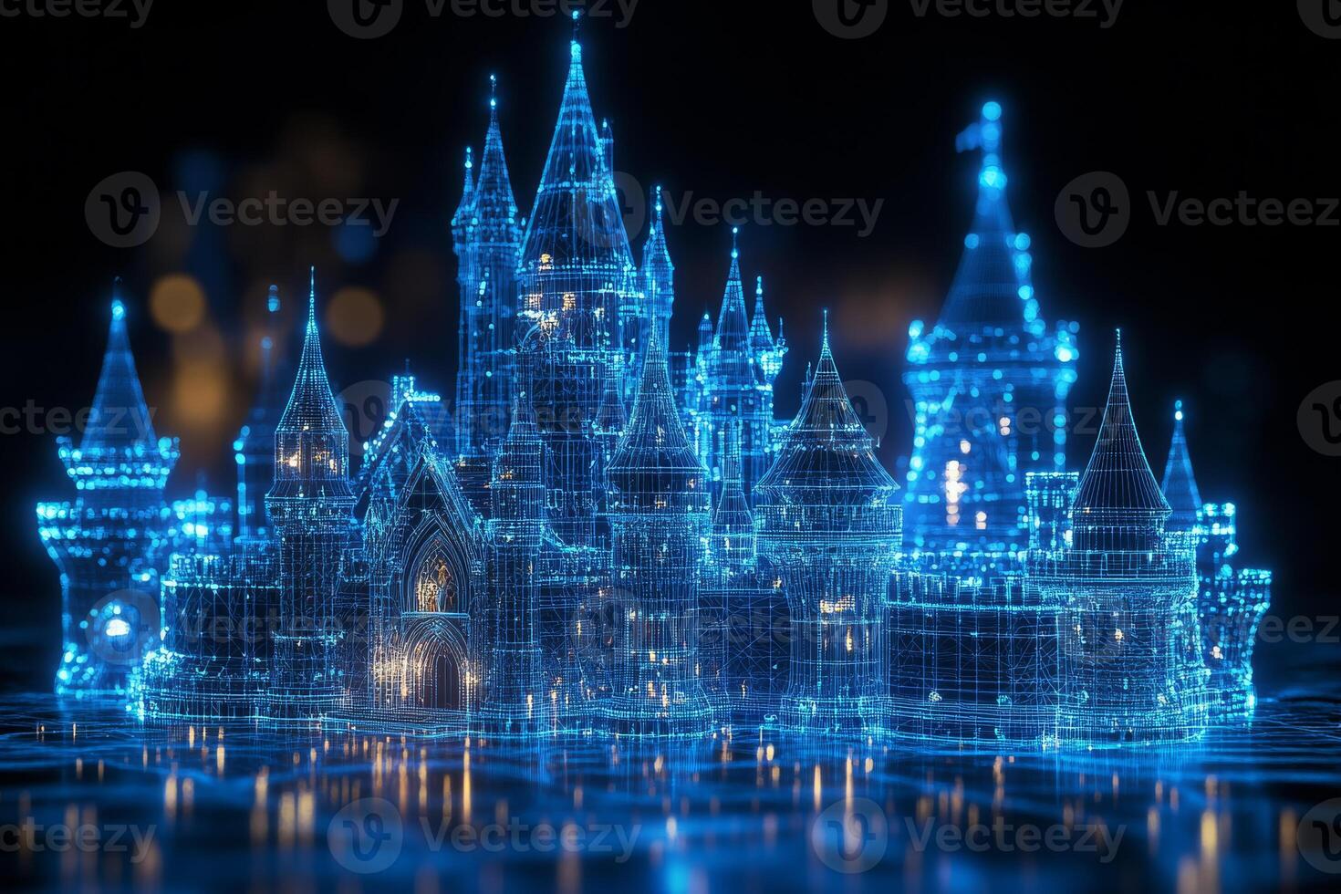 A breathtaking holographic castle boasts intricate designs and shimmering textures. Set against a dark backdrop, it enhances its allure, captivating all who gaze upon it, leaving them spellbound photo