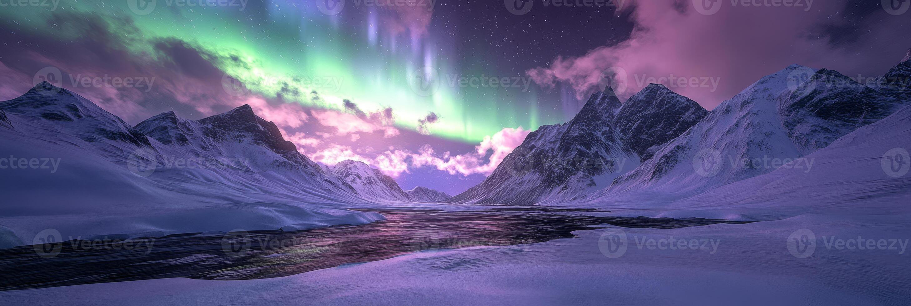 Imagine a breathtaking view of the aurora borealis dancing across the sky, illuminating a stunning wintry landscape with its lush and vibrant colors over a tranquil and serene body of water below photo