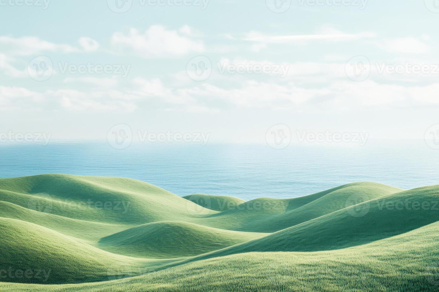 In this serene rural scene, rolling green hills meet a calm ocean under a vibrant blue sky, creating an idyllic atmosphere that evokes tranquility and showcases natures breathtaking beauty photo