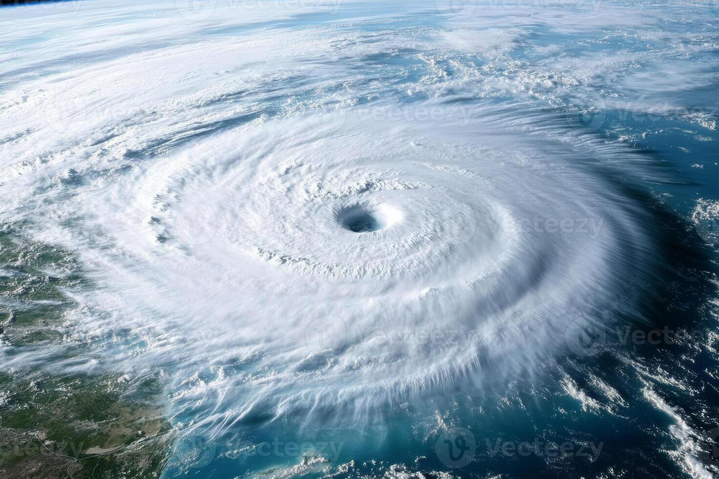 A breathtaking aerial view captures the swirling eye of a hurricane as it looms dangerously over the oceans surface photo