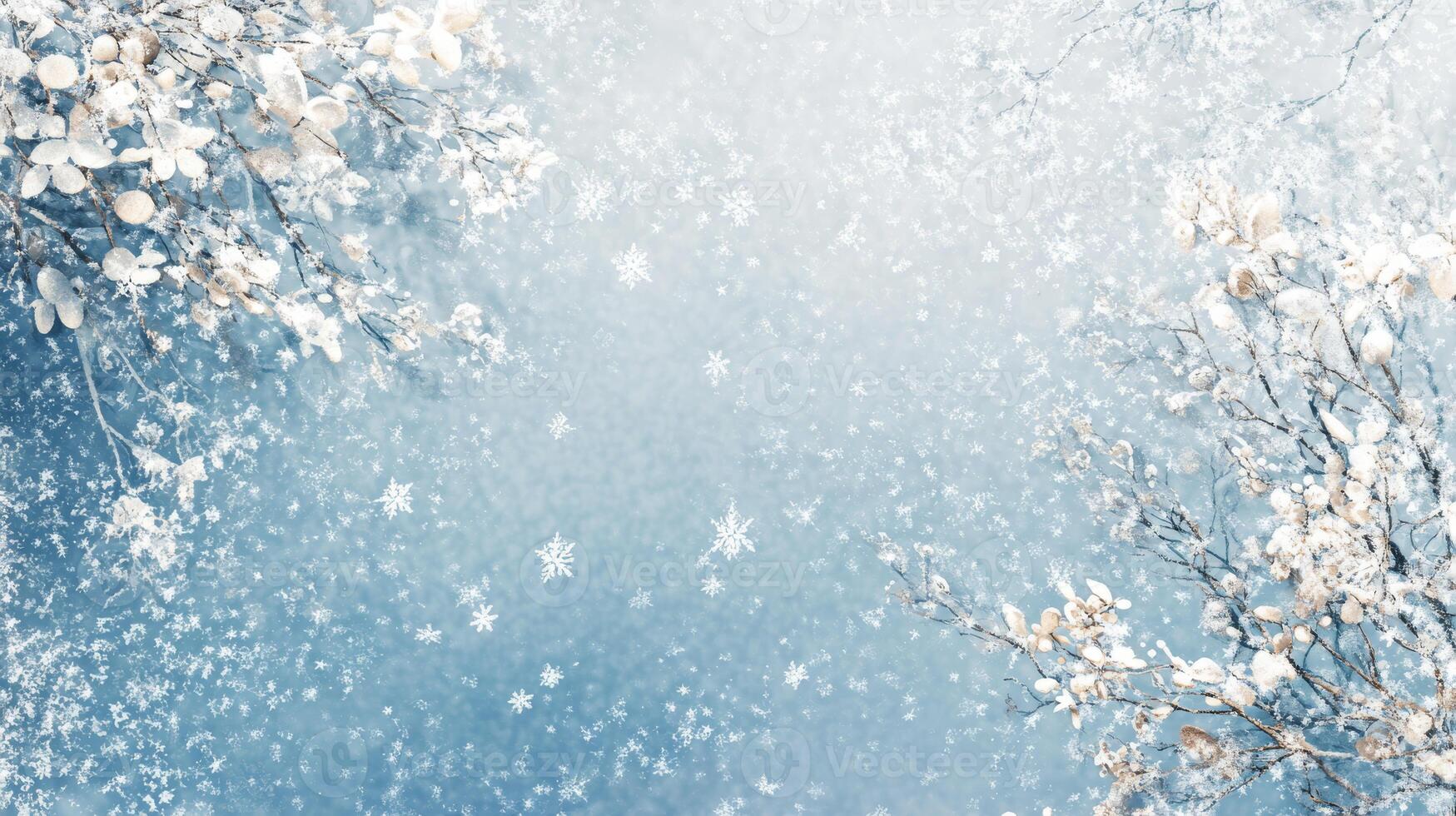 A serene winter scene with delicate snowflakes falling against a soft blue background, ideal for holiday celebrations and designs that evoke warmth and coziness in the chilly season photo