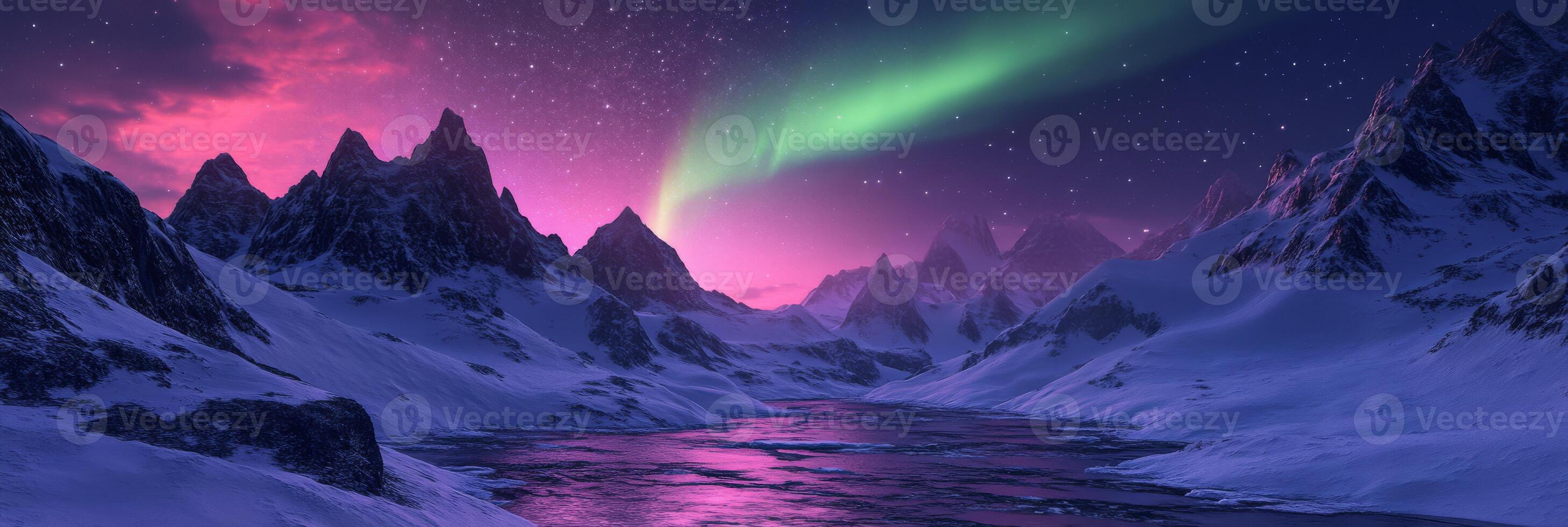 A breathtaking night scene beautifully captures the vibrant aurora borealis, which brilliantly illuminates a snowcovered landscape, complete with majestic mountains and a serene, tranquil water body photo