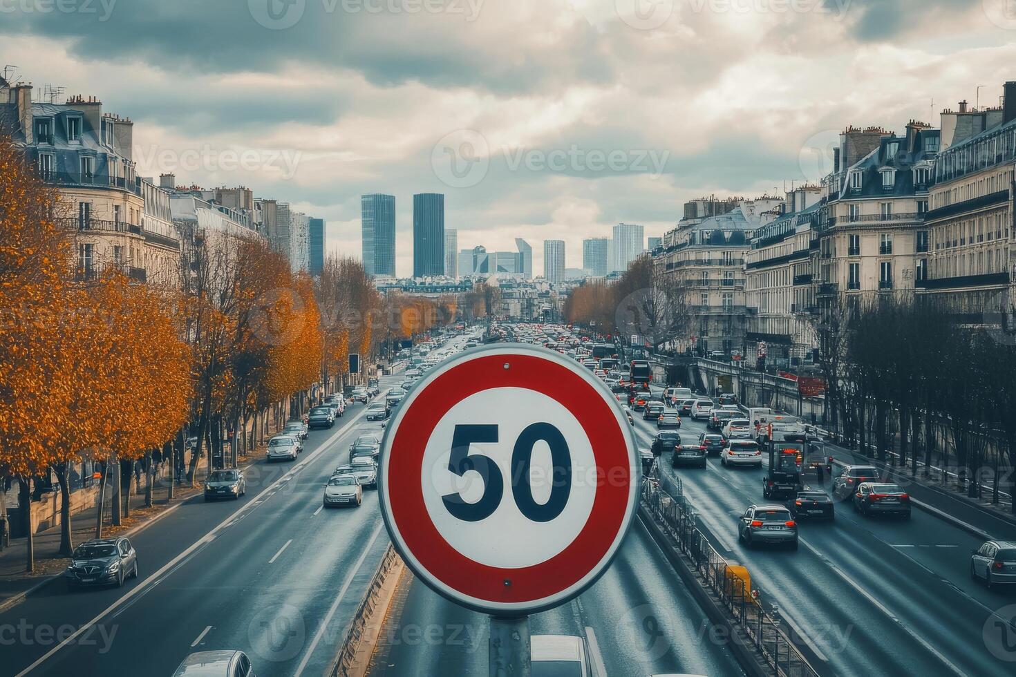 To reduce traffic congestion and improve road safety, the Paris Beltway has set a new speed limit of 50 kmh as part of legislation to decrease car use and promote alternative transport photo