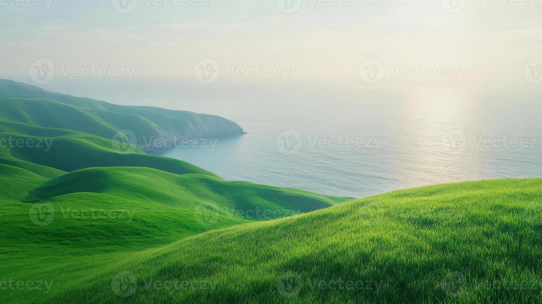 A serene view of vibrant green hills meeting a calm ocean under warm sunlight embodies tranquility and natural beauty, making it ideal for relaxation and deep contemplation that rejuvenates the mind photo