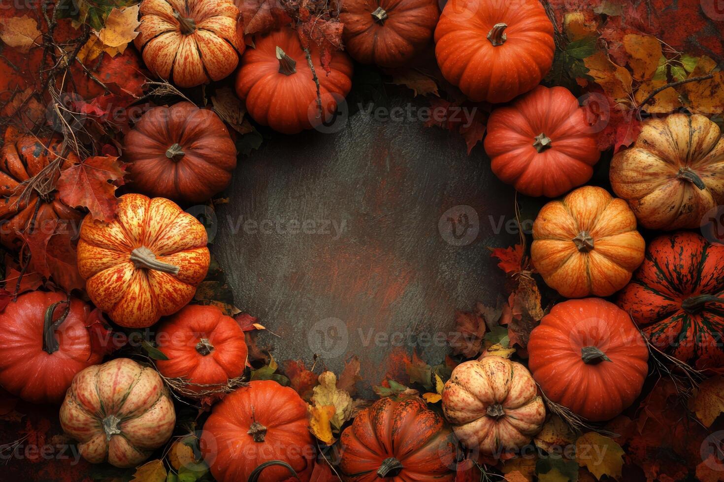This captivating circular display showcases vibrant pumpkins surrounded by autumn foliage, making it an ideal decor piece for Halloween and Thanksgiving that will impress your guests photo