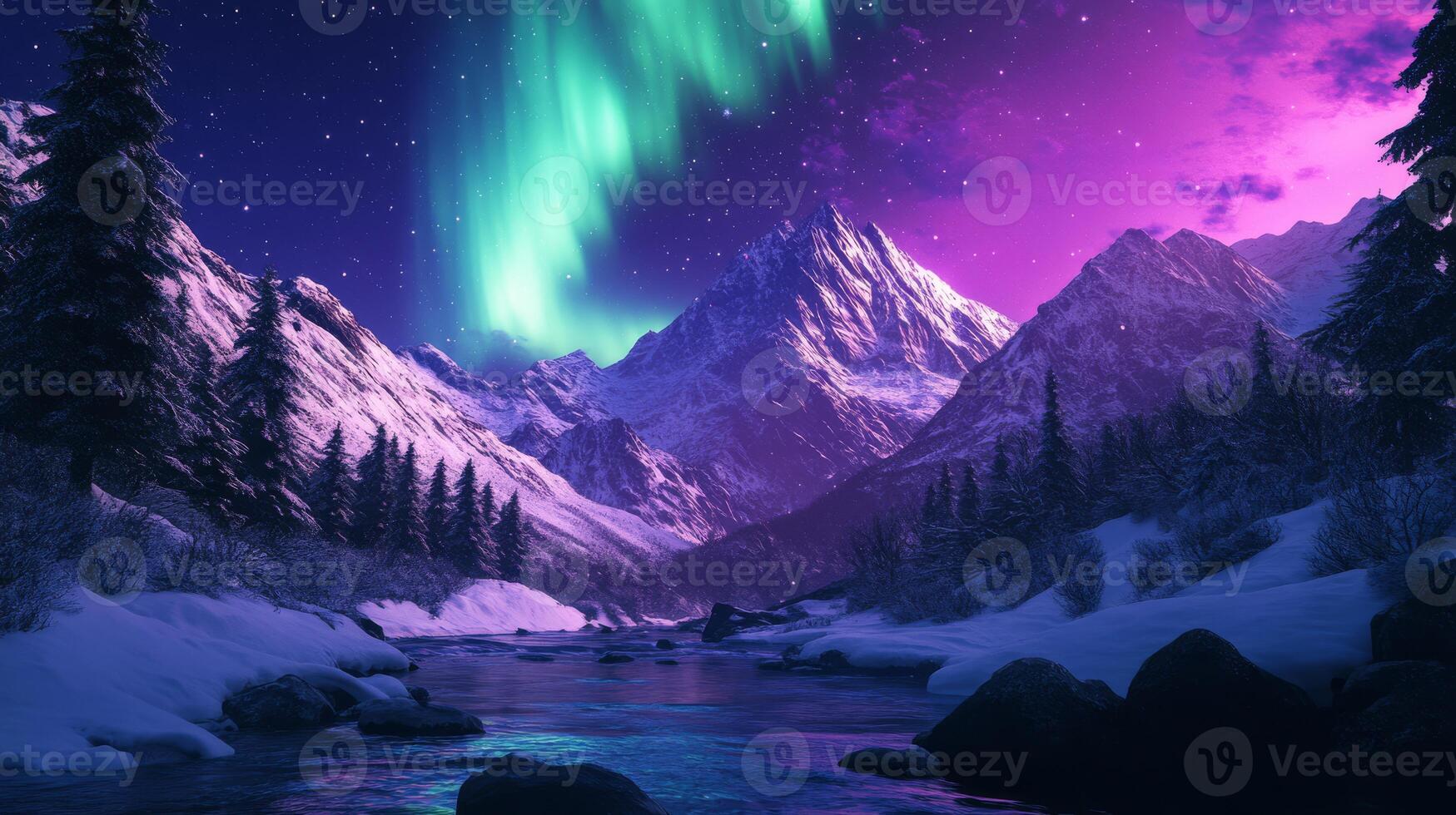 A stunning winter night scene showcases mesmerizing northern lights illuminating a starry sky above majestic, snowcapped mountains and a tranquil river flowing gently through the landscape photo