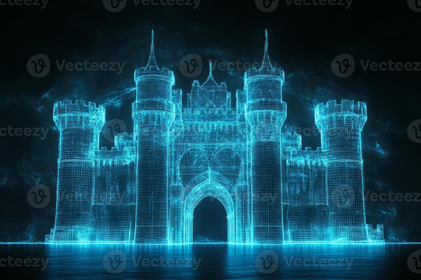 Behold a stunning holographic design of a bluelit castle on a black backdrop, showcasing intricate architecture that enhances its mystical allure and charms viewers into its enchanting world photo