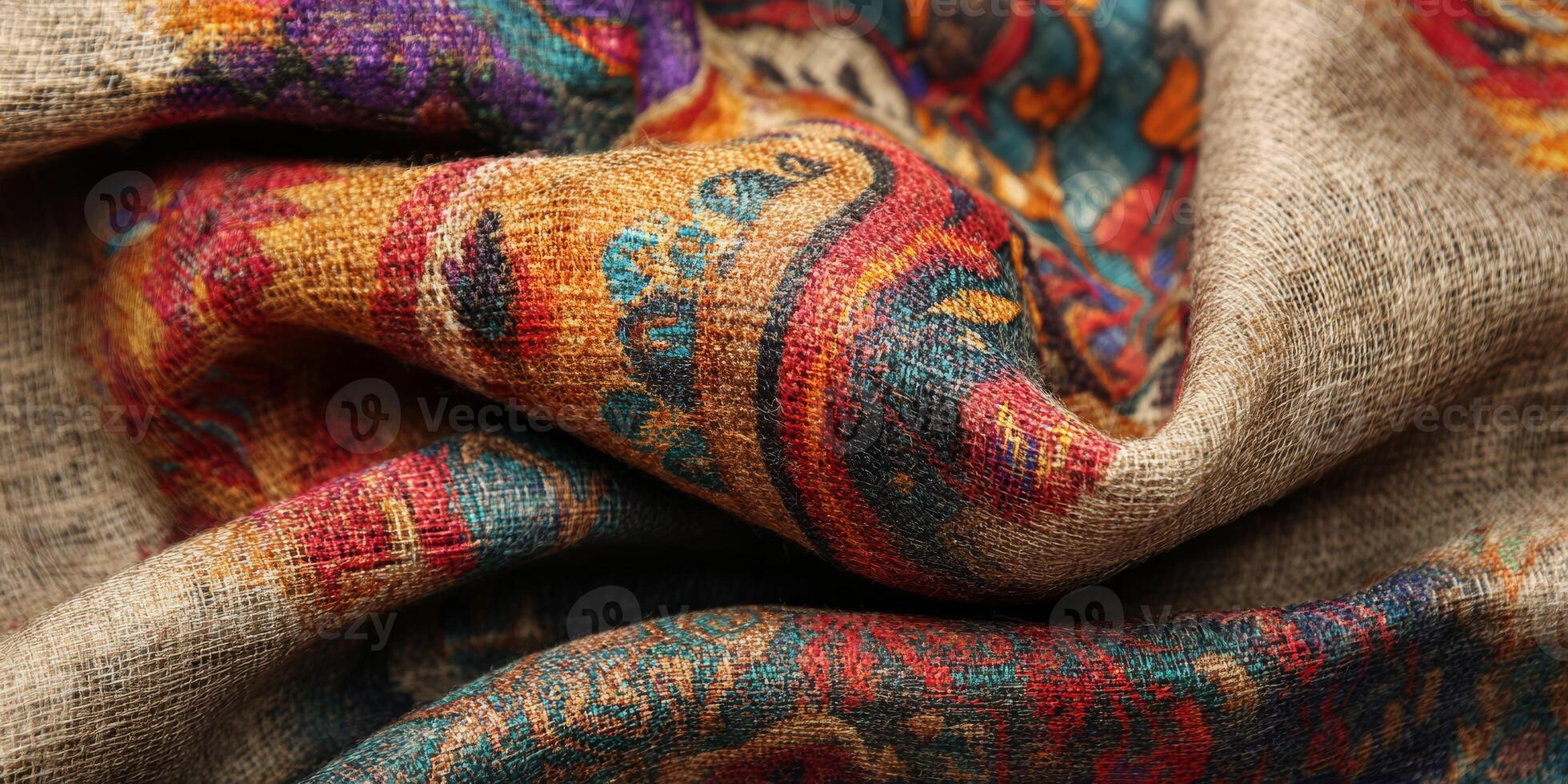A stunning closeup view of a rich fabric that brilliantly showcases intricate patterns and vibrant colors throughout photo