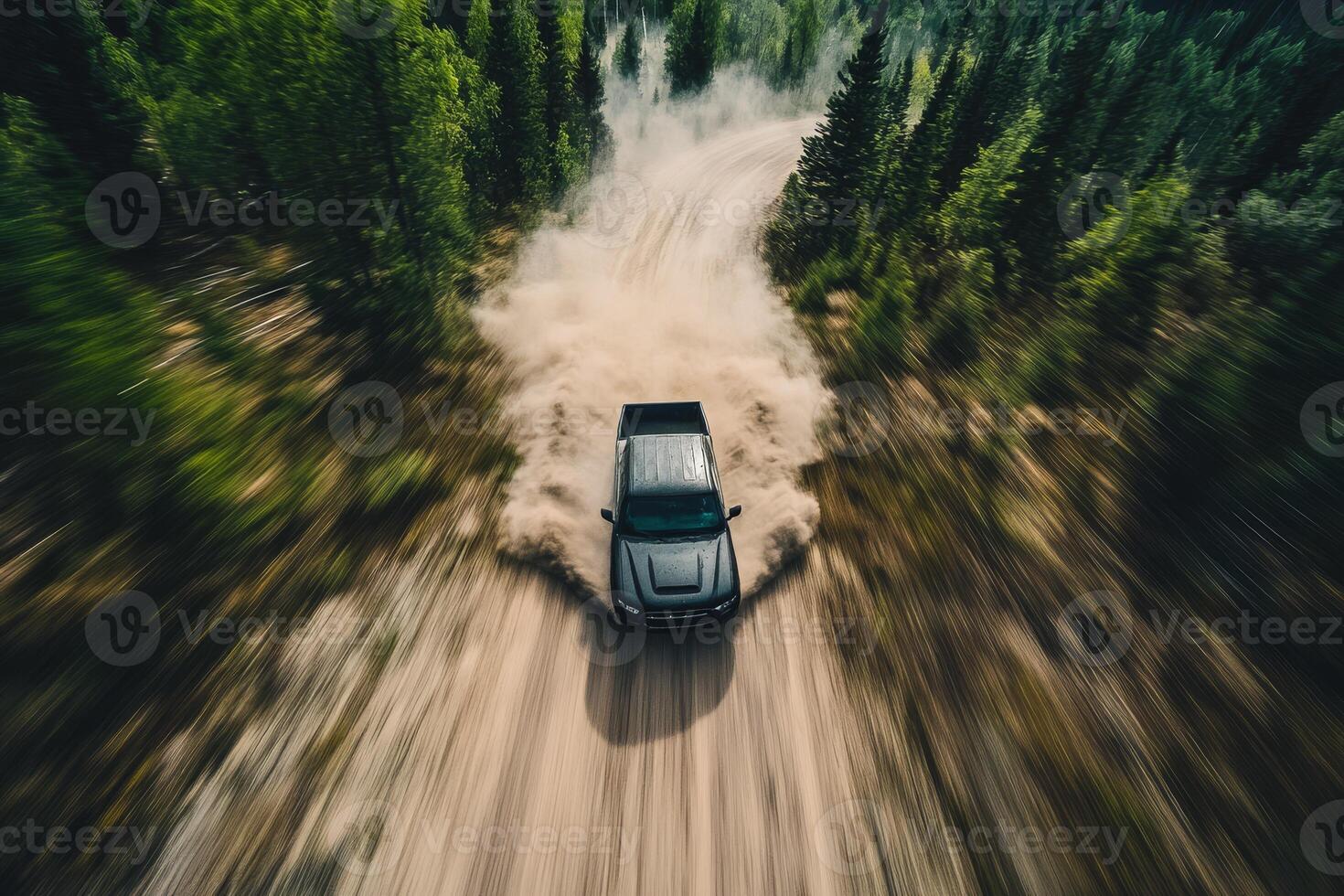 An aerial shot shows a black pickup truck skillfully navigating a winding dirt road in a dense forest, kicking up dust on its thrilling journey, embodying adventure and exploration photo