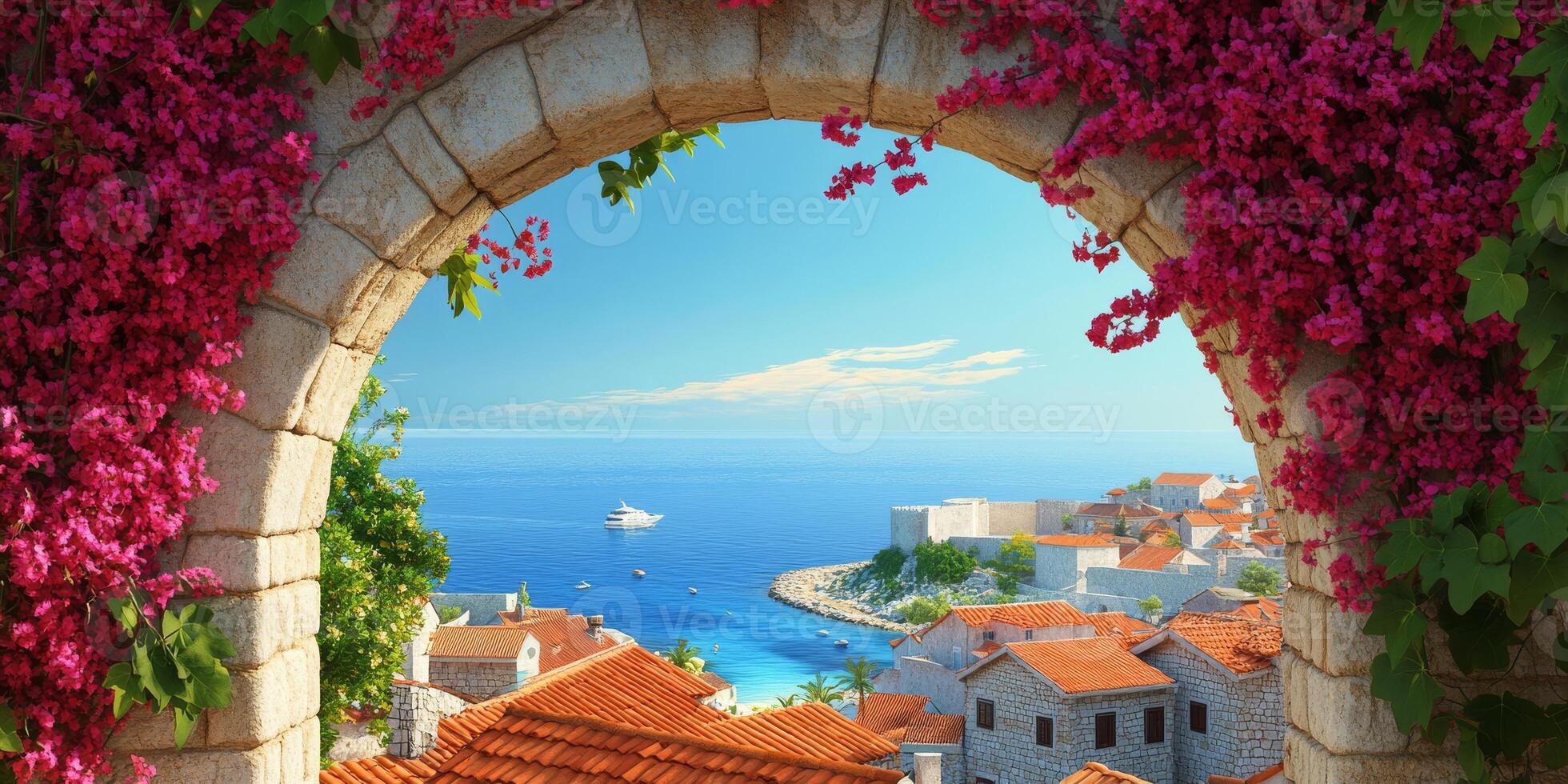 An archway frames a view of vibrant pink flowers and coastal scenery with redroofed houses by azure water, showcasing the charm of historic European architecture that has captivated travelers photo