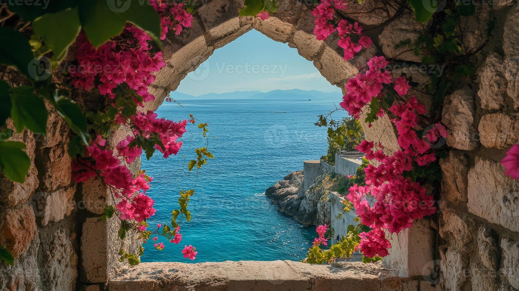 A redroofed house adorned with vibrant pink flowers overlooks a tranquil body of water, creating a picturesque scene perfect for travel enthusiasts and explorers seeking scenic adventures photo