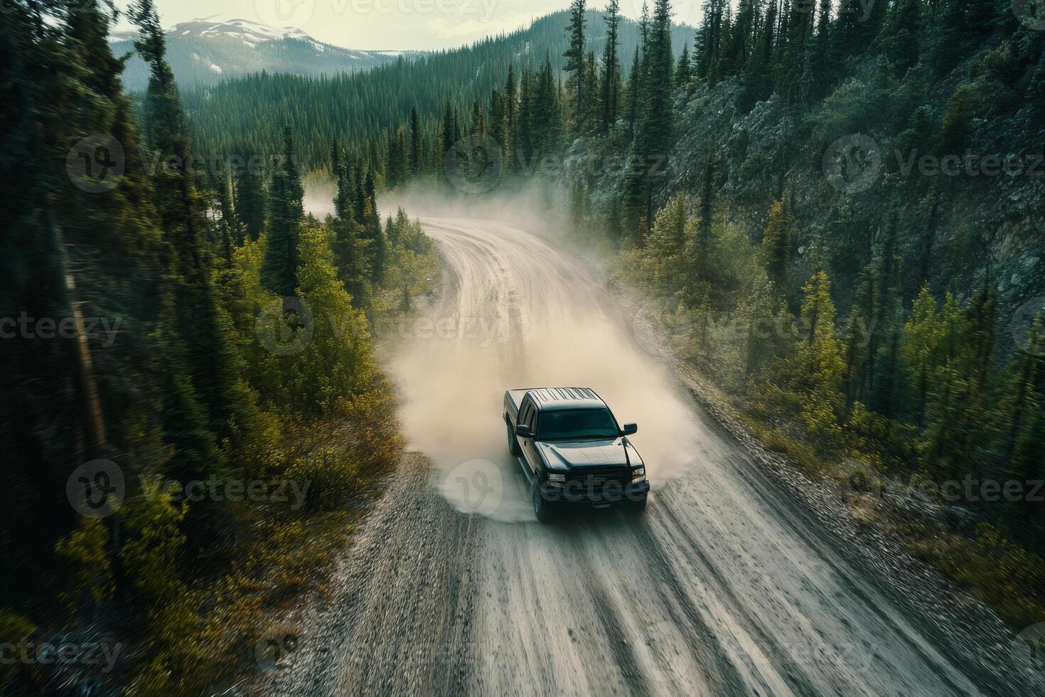 A powerful black pickup truck maneuvers along a twisting dirt road, flanked by a vibrant green forest, kicking up dust during an exhilarating drive filled with adventure and excitement photo