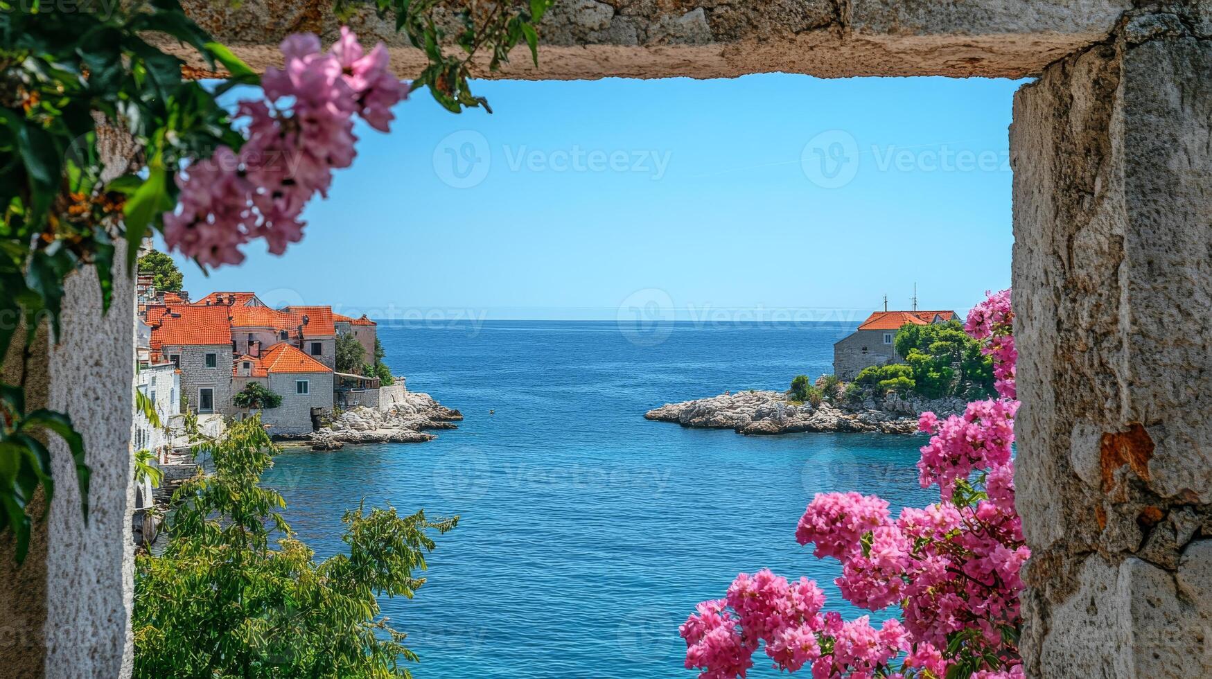 This scene shows charming redroofed houses framed by vibrant pink flowers, overlooking tranquil waters, representing the timeless beauty of ancient European architecture for visitors to appreciate photo
