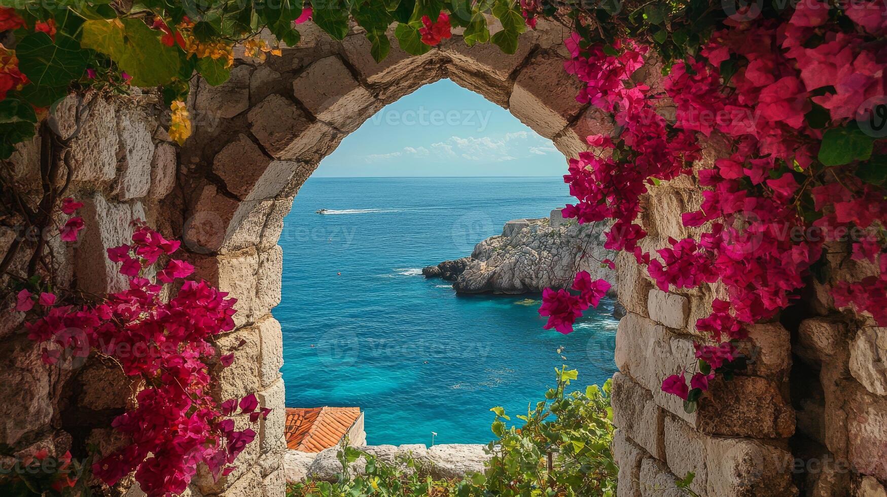 A picturesque archway beautifully adorned with vibrant pink flowers elegantly frames a breathtaking coastal view, perfectly capturing the essence of Mediterranean charm and allure with great finesse photo