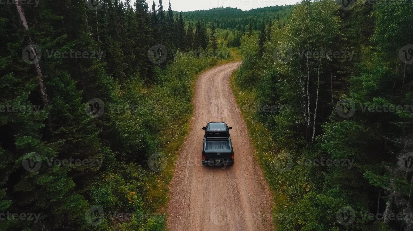 A rugged black pickup truck skillfully navigates a winding dirt road through a lush forest, kicking up dust as it traverses the stunning natural landscape from a captivating aerial perspective photo