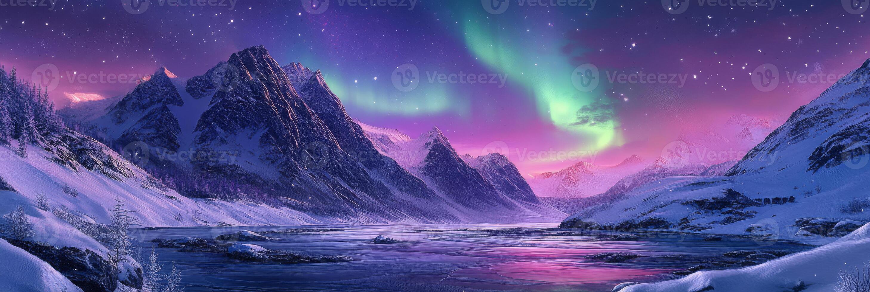 A mesmerizing aurora borealis illuminates a tranquil night sky above snowcapped mountains and calm waters, all framed by a starry canopy that captivates and brings serenity to witnesses photo