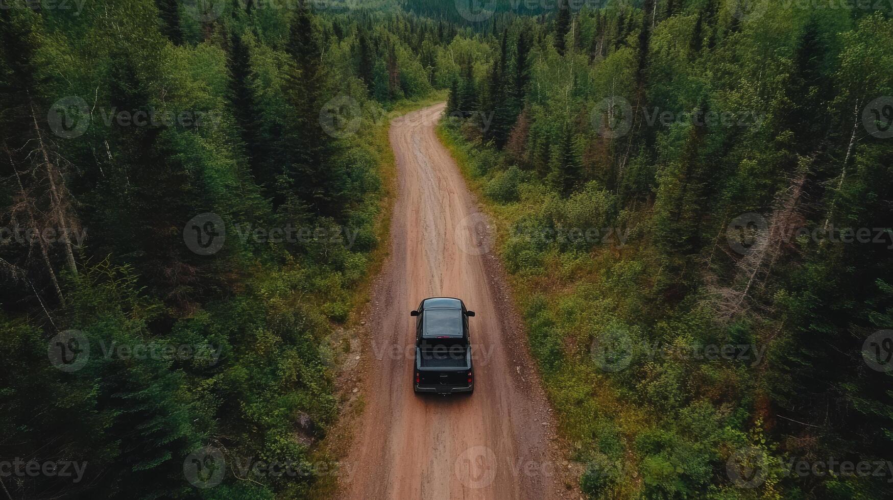 A sturdy black pickup truck deftly navigates a winding, rugged dirt road that weaves through a vibrant, lush forest, kicking up clouds of dust as it journeys through stunning greenery all around photo