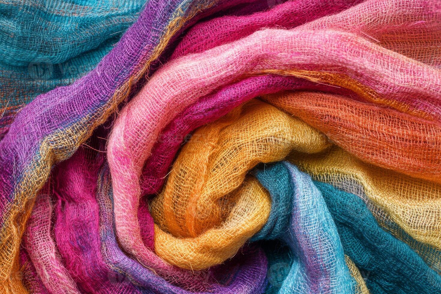 A vibrant, intricate textile with a swirl of bright colors, perfect for enhancing fashion and decor photo