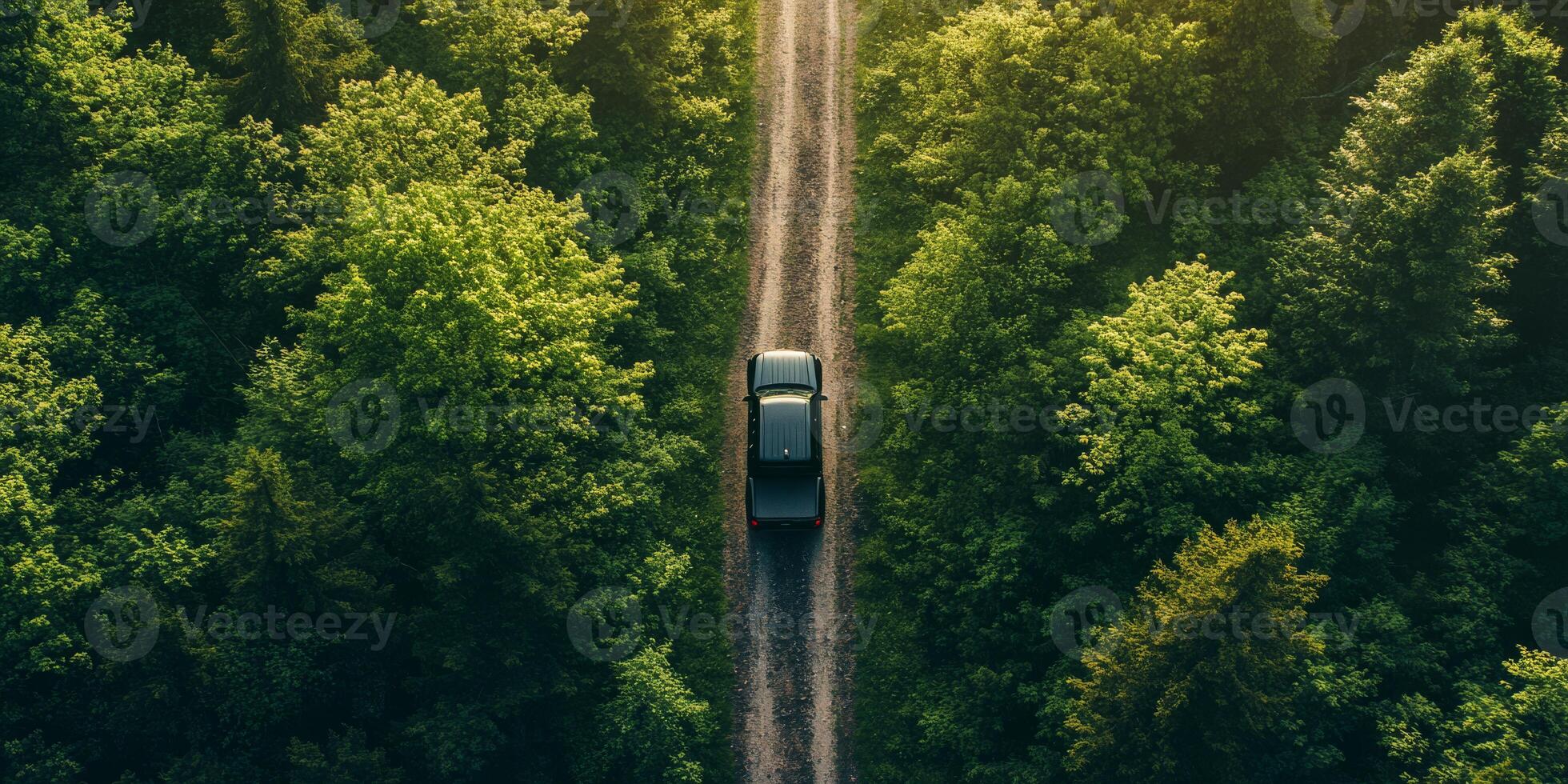 From an elevated view, a rugged black pickup truck skillfully navigates a challenging dirt road through a dense forest, sending up large clouds of dust as it travels the winding trail photo