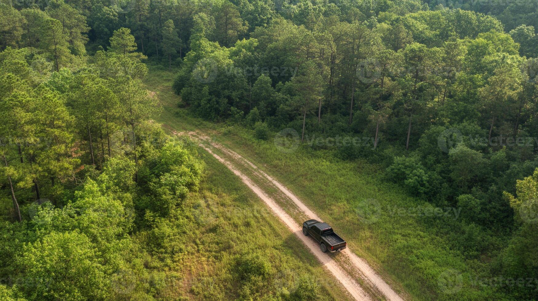An aerial view captures the rugged appearance of a black pickup truck as it kicks up a cloud of dust, racing down a narrow dirt road that is beautifully lined with lush, vibrant forest foliage photo