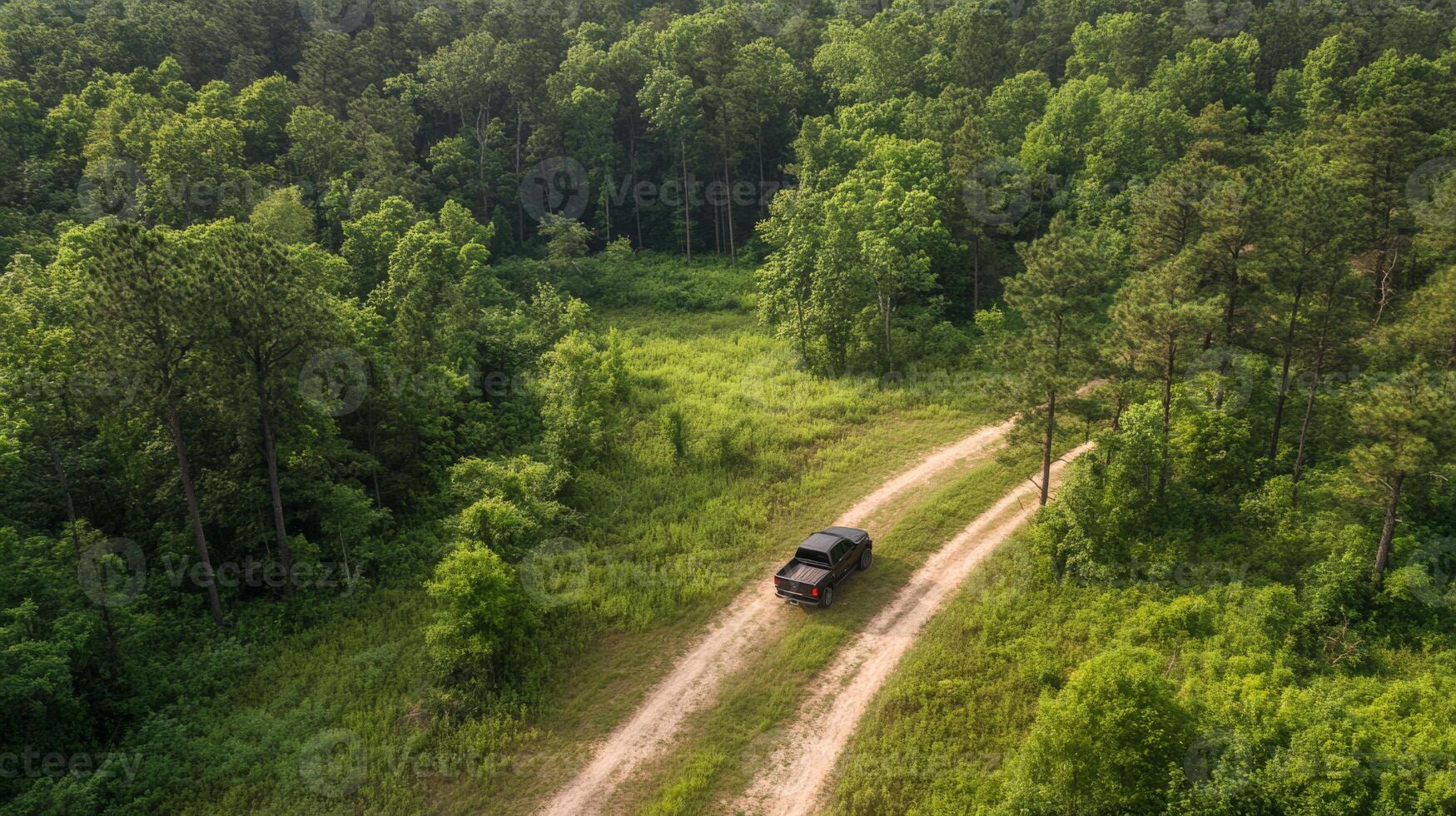 A black pickup truck navigates a winding dirt road that cuts through a dense and vibrant green forest, expertly kicking up a cloud of dust in its wake as it moves along the rugged path photo