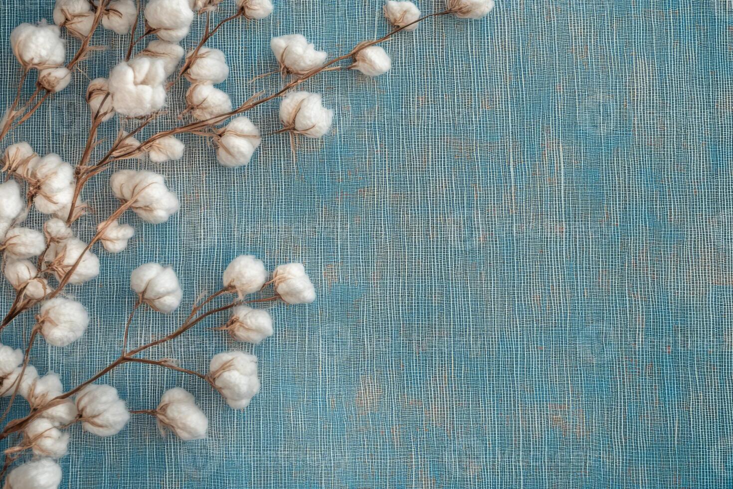 A tranquil and serene backdrop of soft blue, featuring a delicate cotton branch, ideal for various seasonal designs photo
