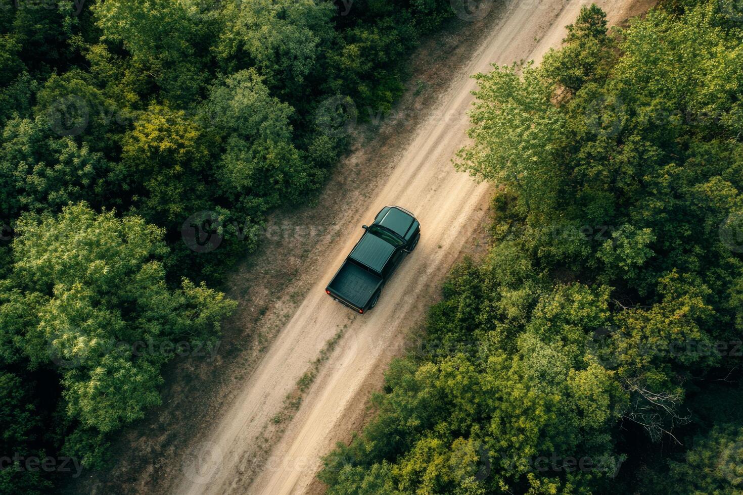 A sturdy black pickup truck skillfully maneuvers along a winding dirt road that is enveloped by vibrant, lush greenery, kicking up a cloud of dust as it journeys through the serene forest landscape photo