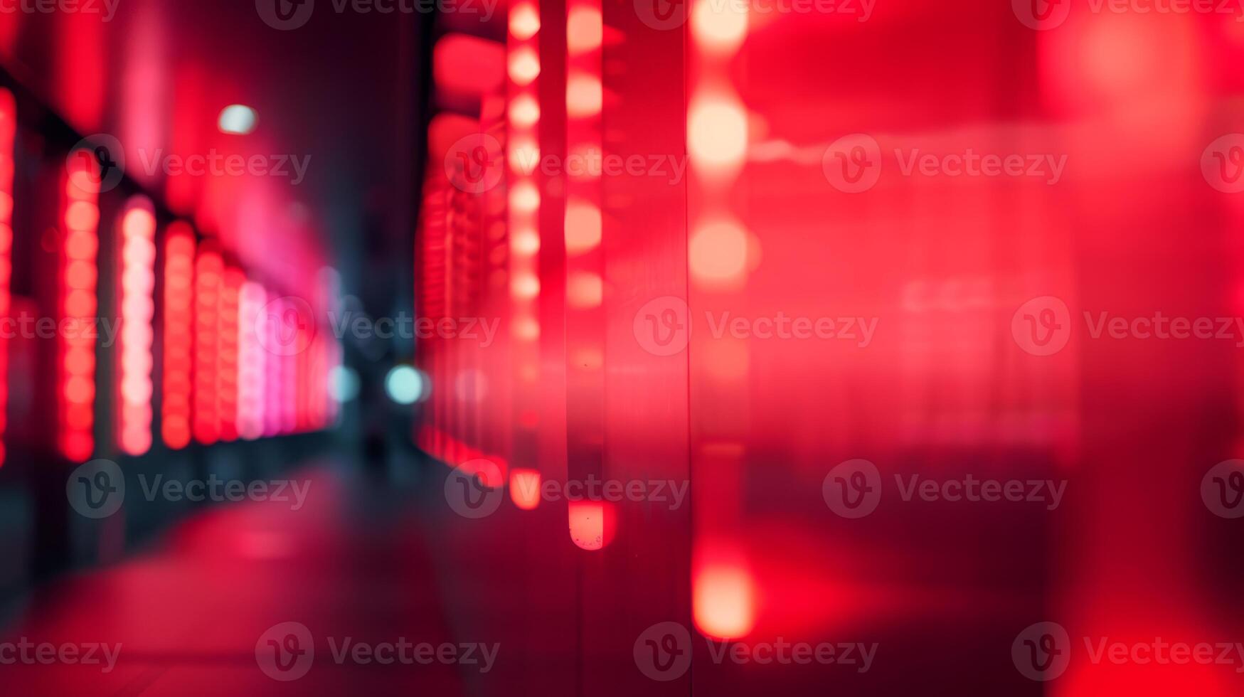 Abstract image of a futuristic corridor with red neon lights and blurred blue lights in the distance. photo