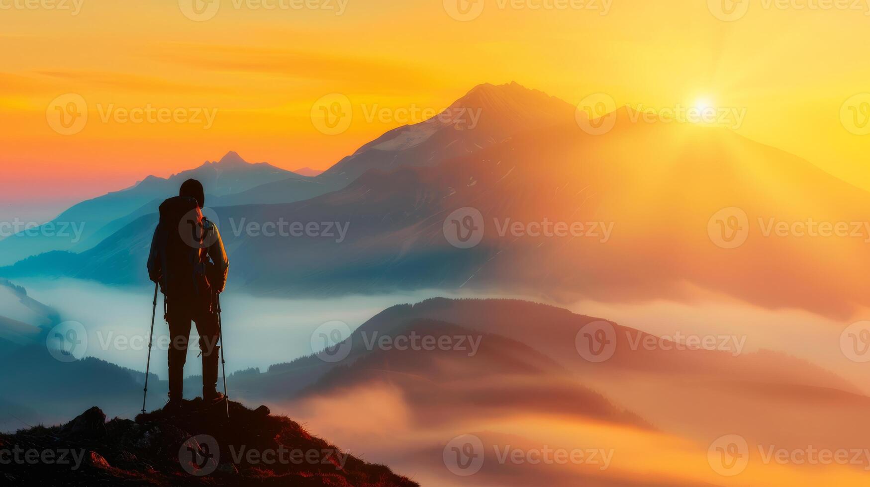 A hiker on a peak, admiring the sunrise over a serene mountain range, embracing natures beauty and tranquility photo
