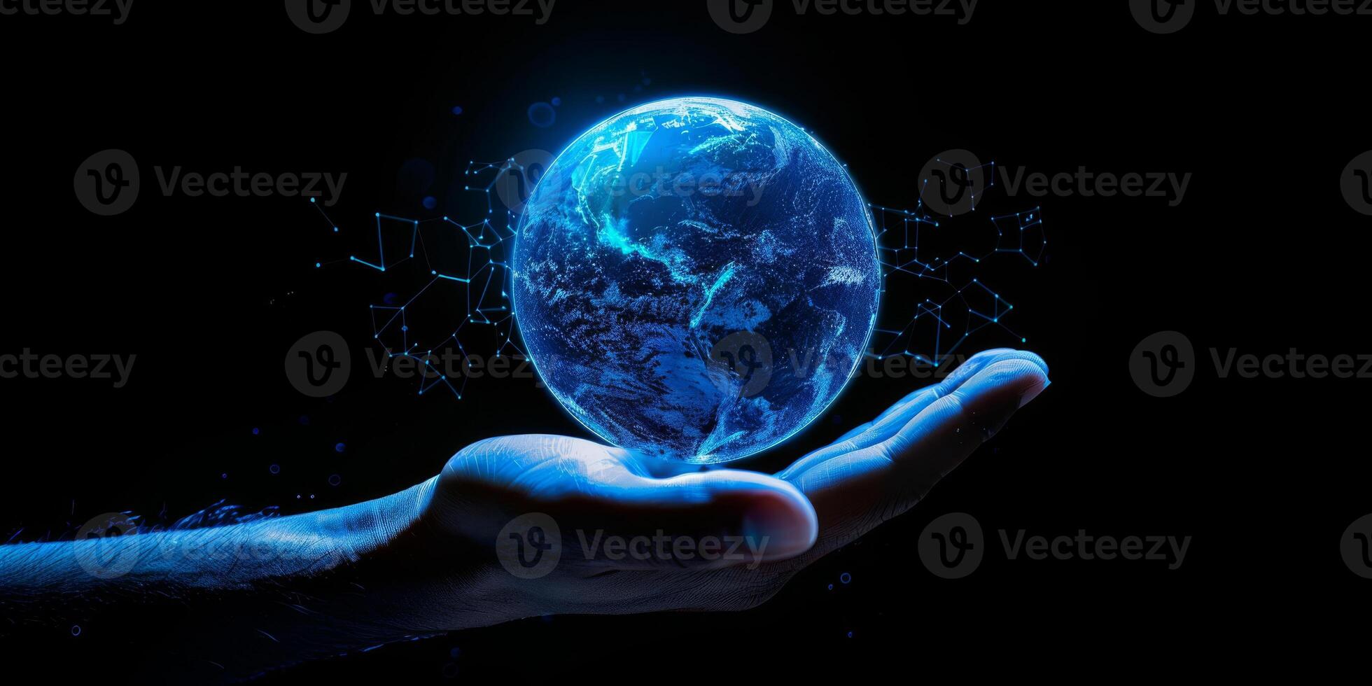 In the image, a hand is holding a shining blue earth with digital connections, illustrating global technology photo