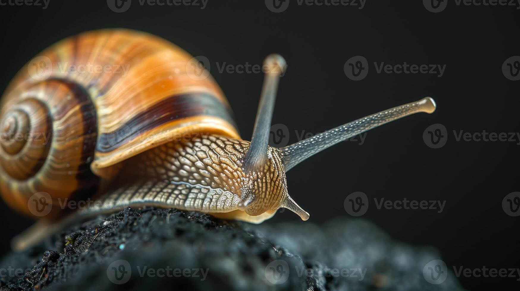 A detailed macro image captures a garden snail with its antennae and shell, set against a dark background photo