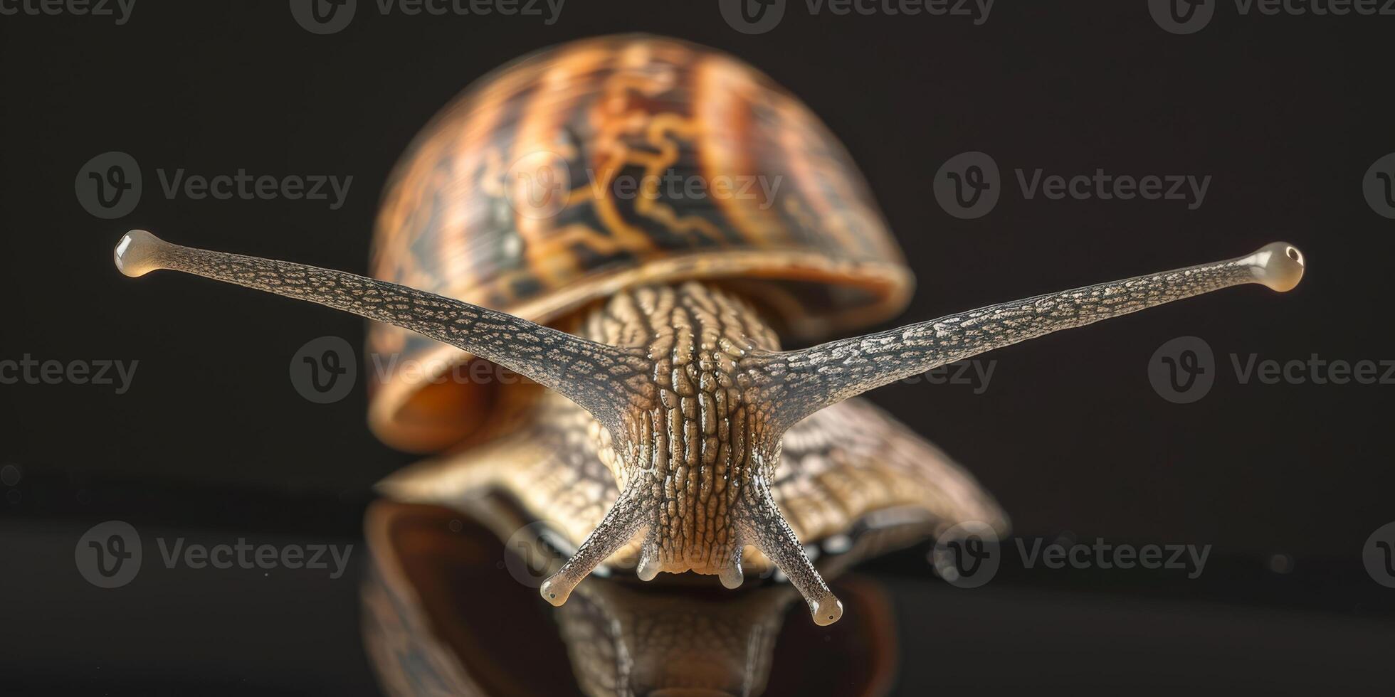 High-resolution close-up image of a snail with a detailed shell, showcased against a black backdrop. photo